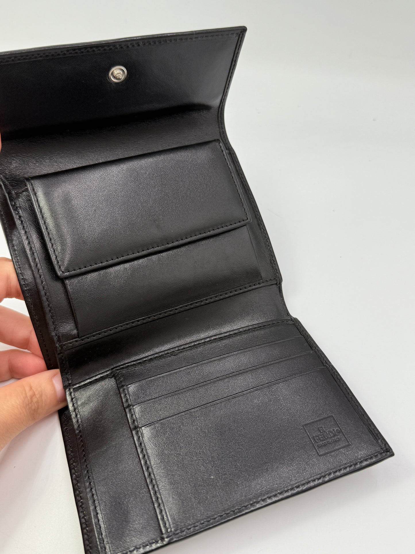 Fendi Black Leather Compact Trifold Wallet with Box