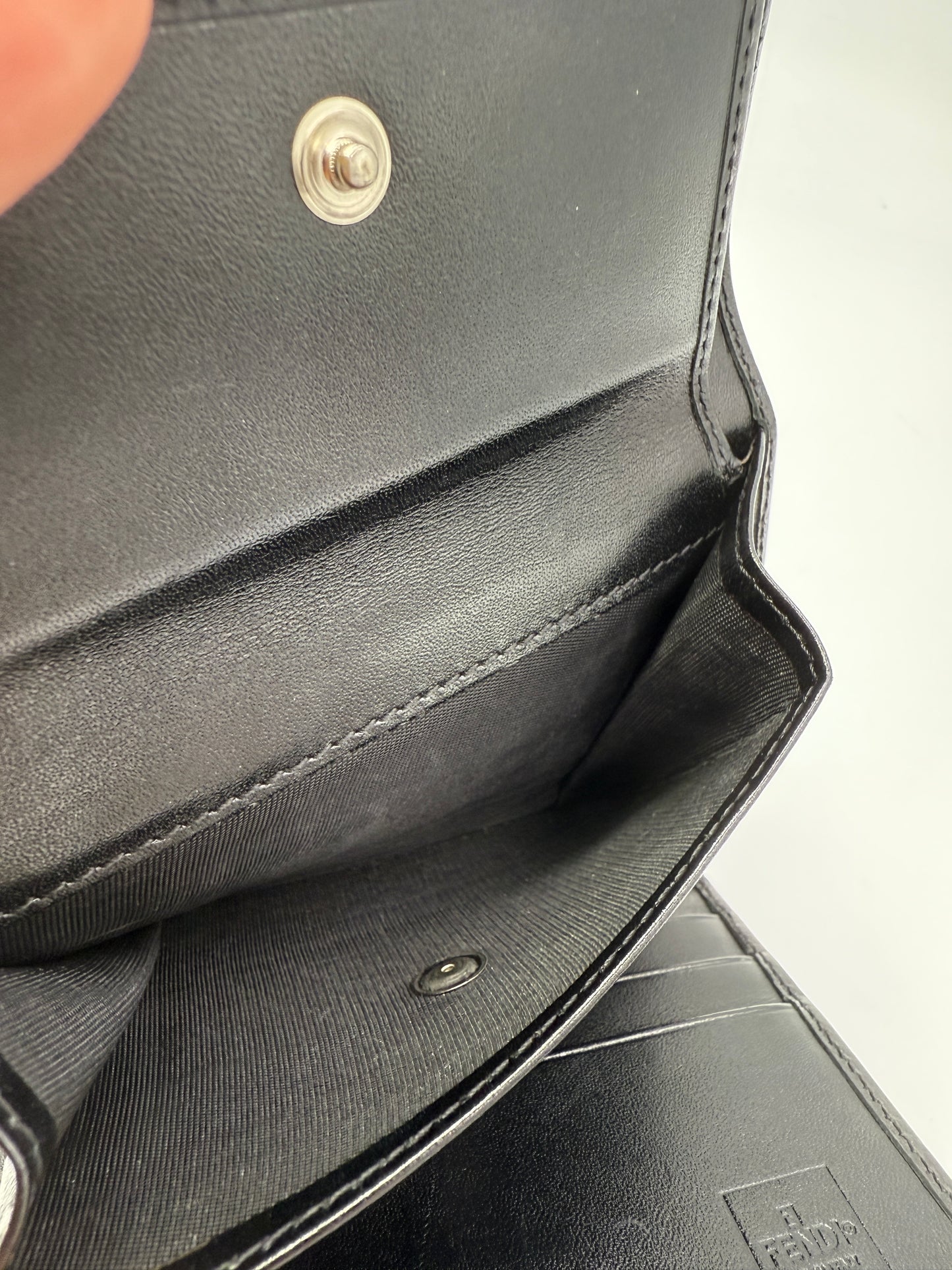 Fendi Black Leather Compact Trifold Wallet with Box