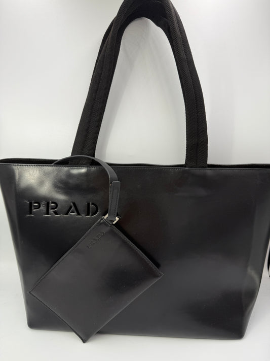 Prada Black Leather Cutout Tote with Pouch