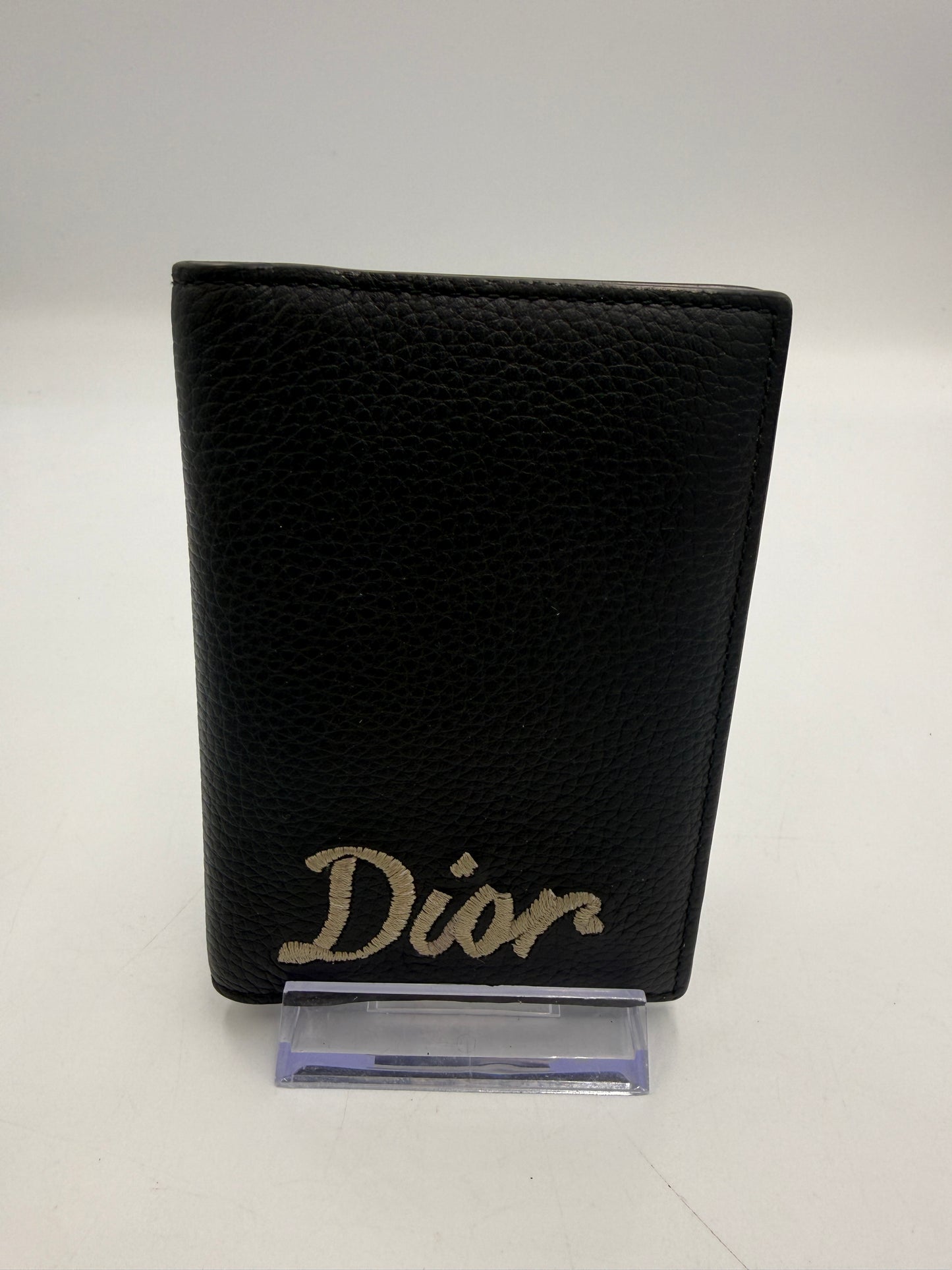 Christian Dior Black Pebbled Leather Embroidered Pocket Organizer
