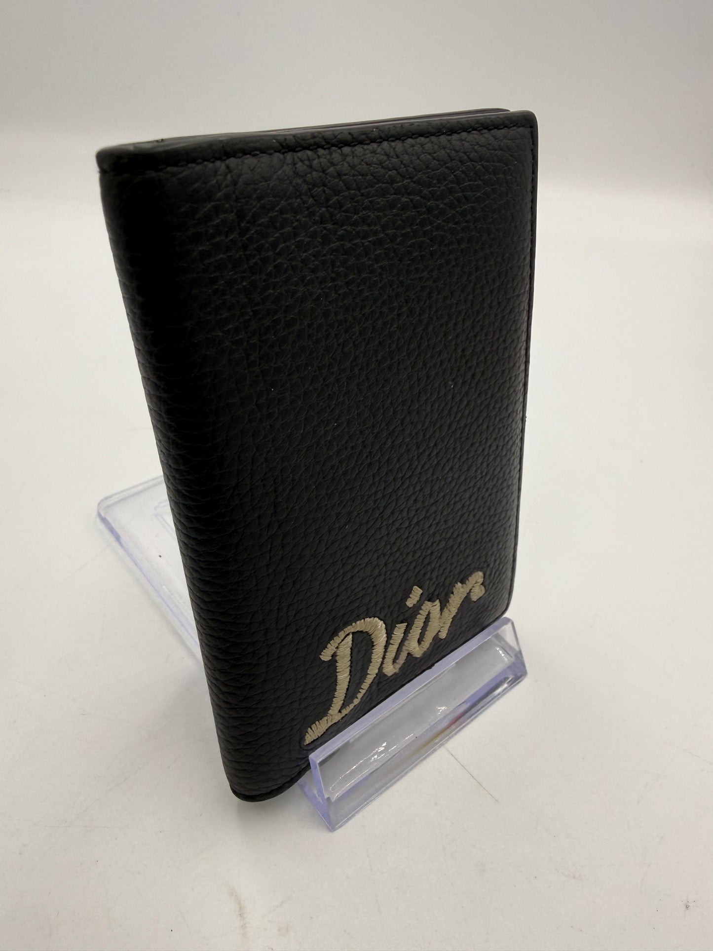 Christian Dior Black Pebbled Leather Embroidered Pocket Organizer