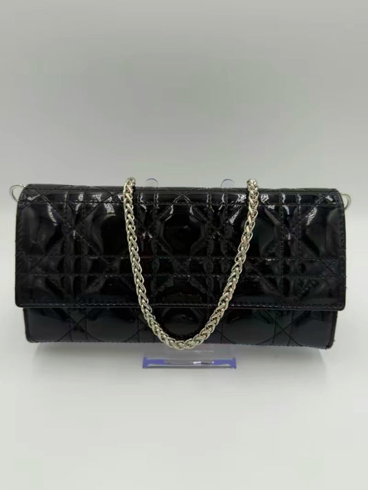 Christian Dior Black Patent Leather Lady Dior Wallet on Chain w/Charm