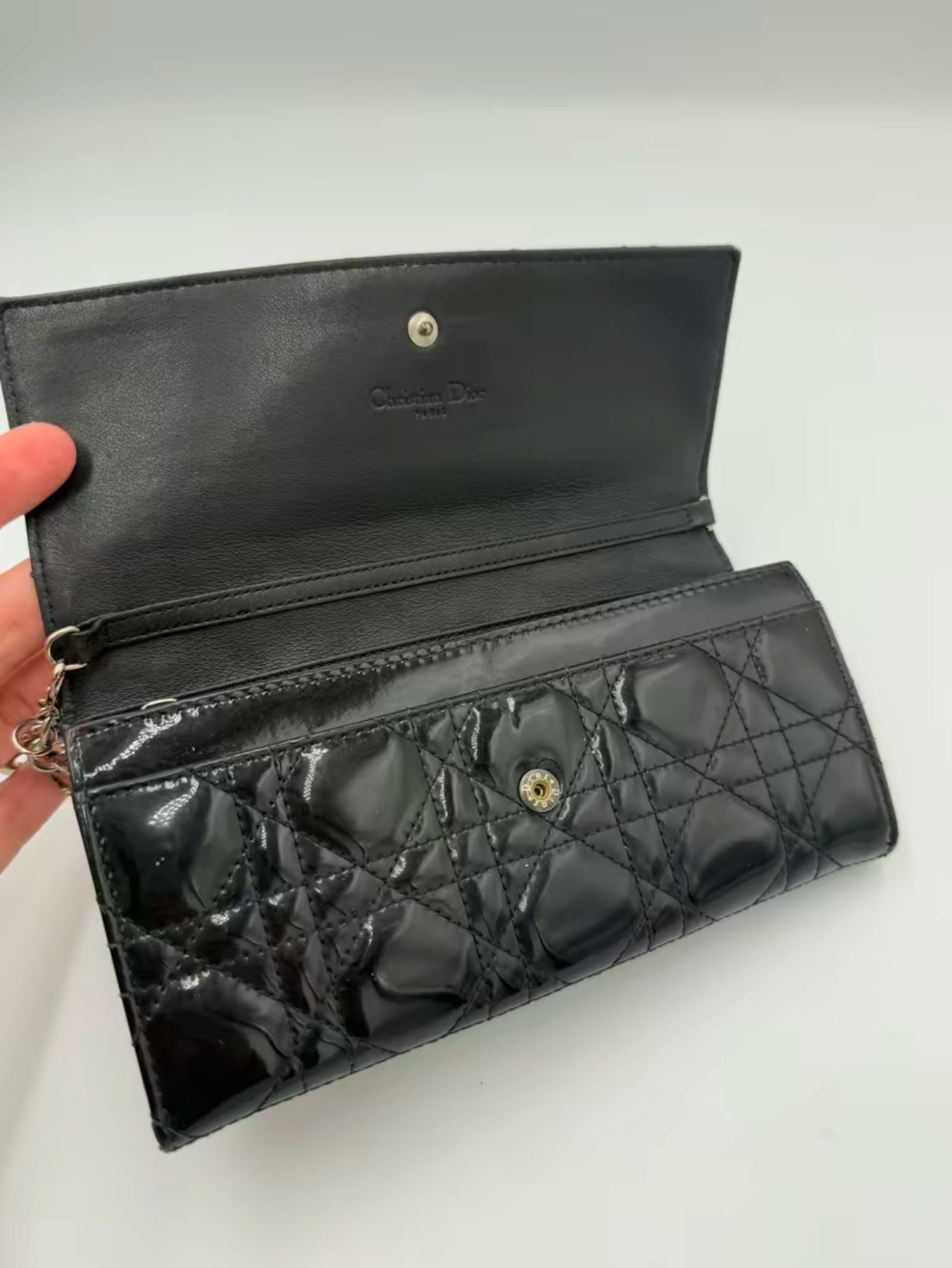 Christian Dior Black Patent Leather Lady Dior Wallet on Chain w/Charm