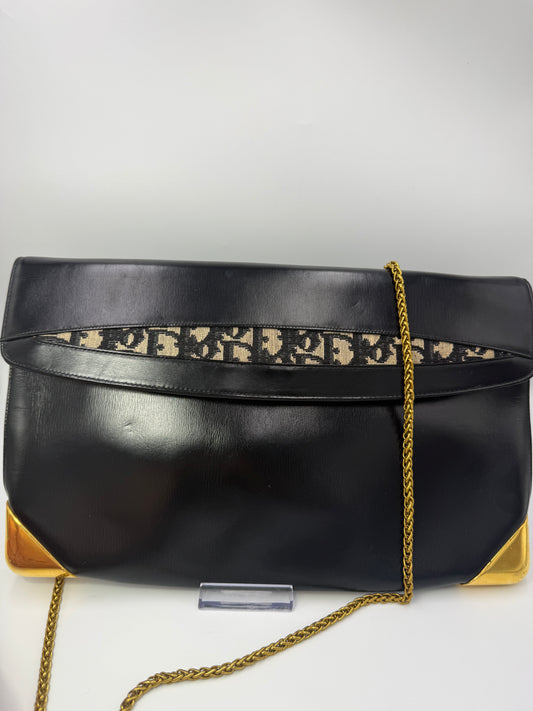 Christian Dior Navy Leather and Trotter Shoulder Bag Oversized Clutch