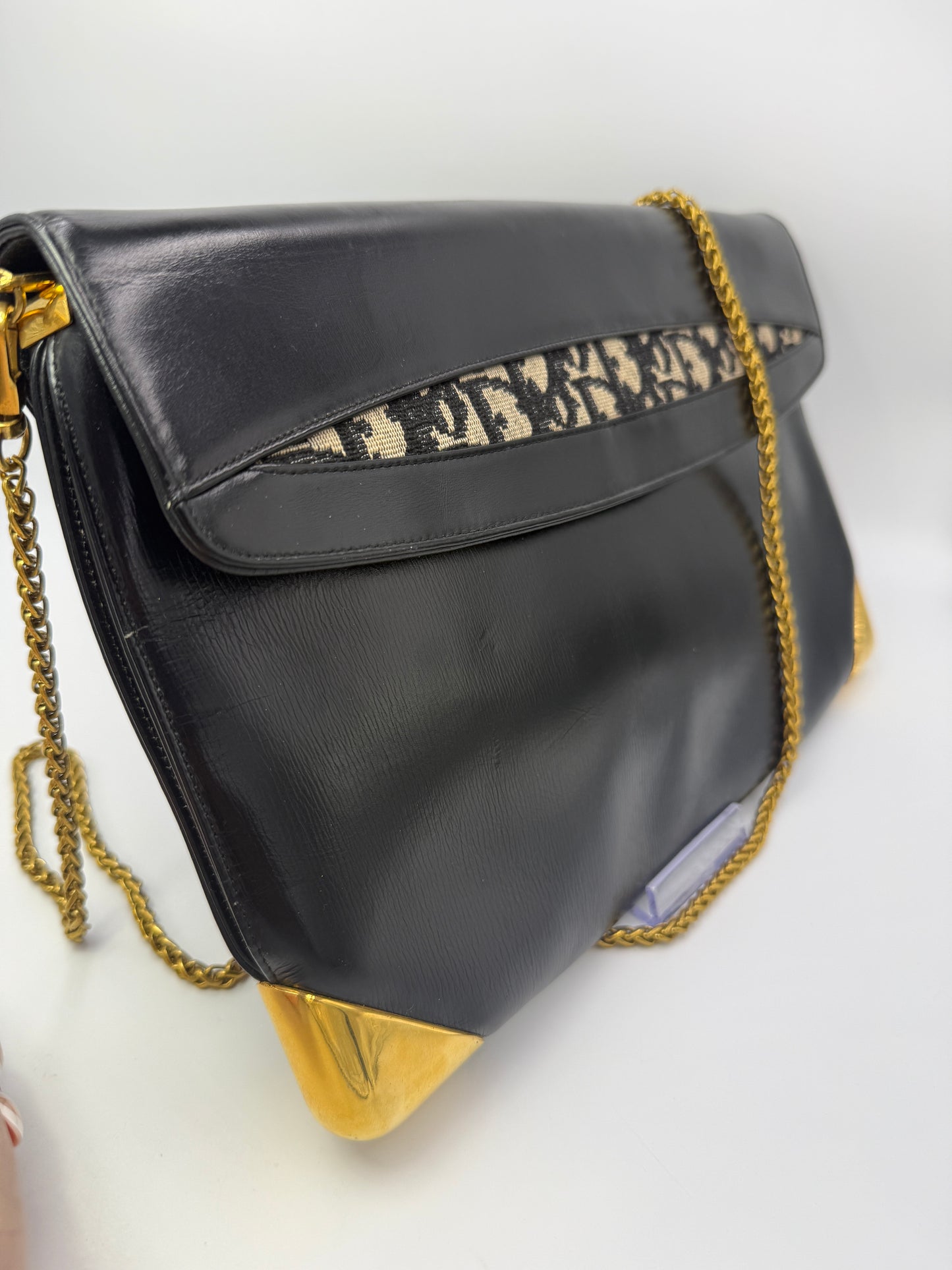Christian Dior Navy Leather and Trotter Shoulder Bag Oversized Clutch