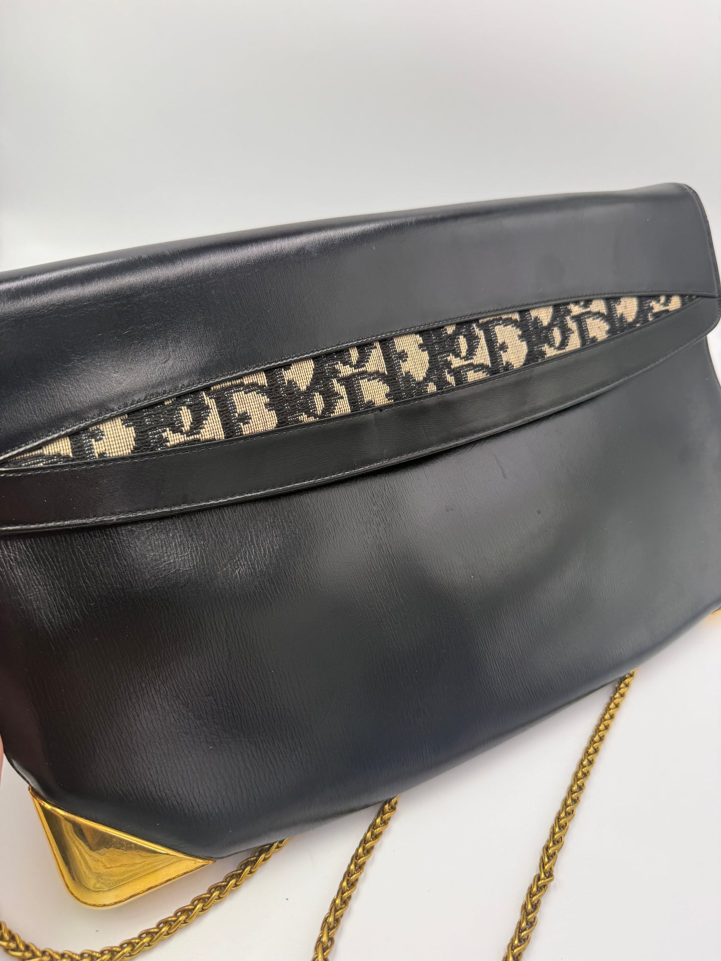 Christian Dior Navy Leather and Trotter Shoulder Bag Oversized Clutch