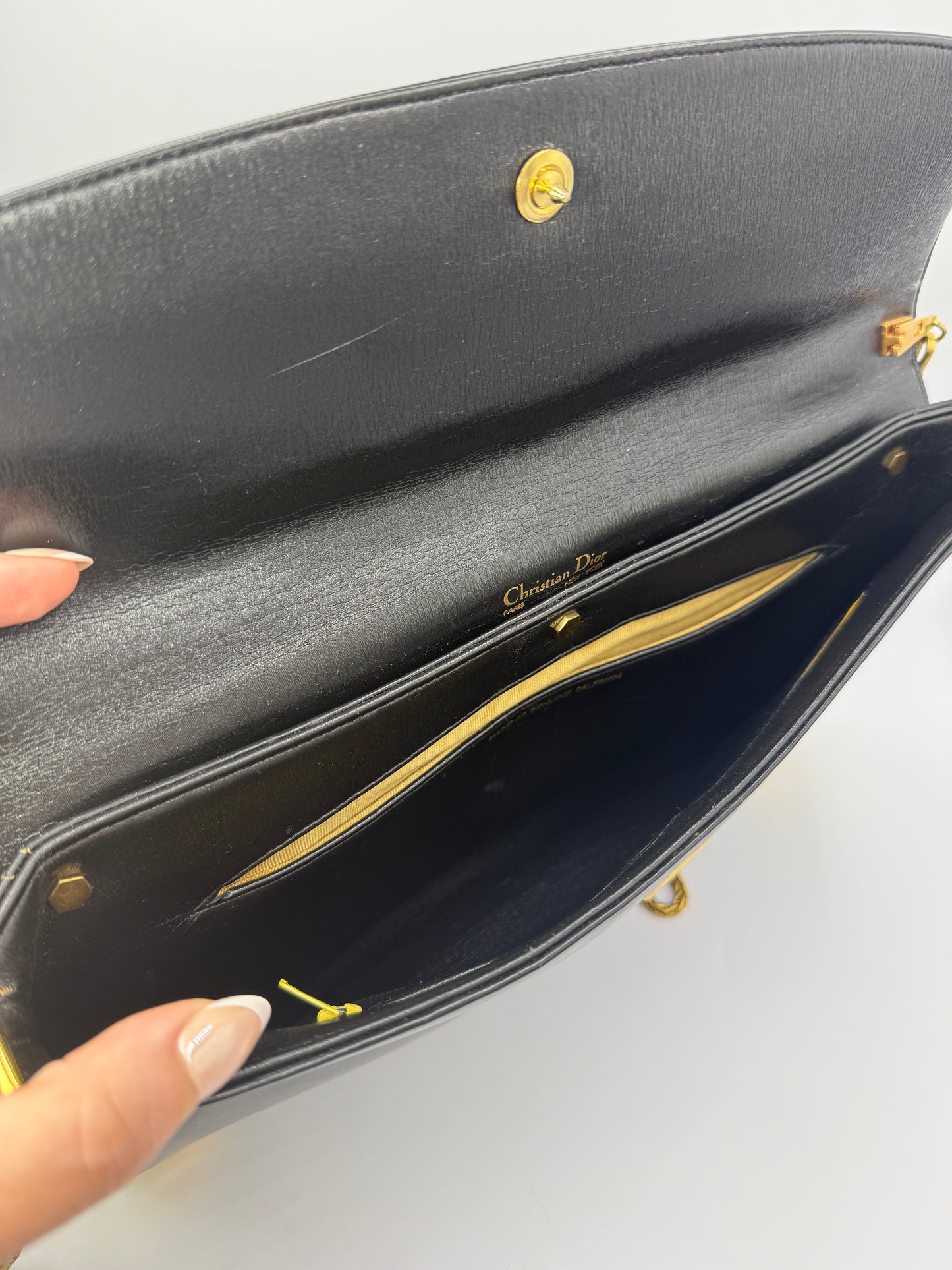 Christian Dior Navy Leather and Trotter Shoulder Bag Oversized Clutch
