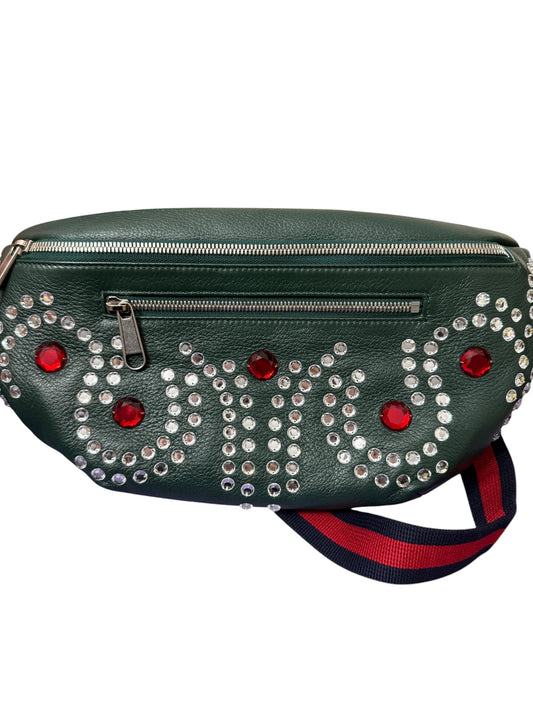 Gucci Green Leather Crystal Logo Belt Waist Bumbag with Dustabag