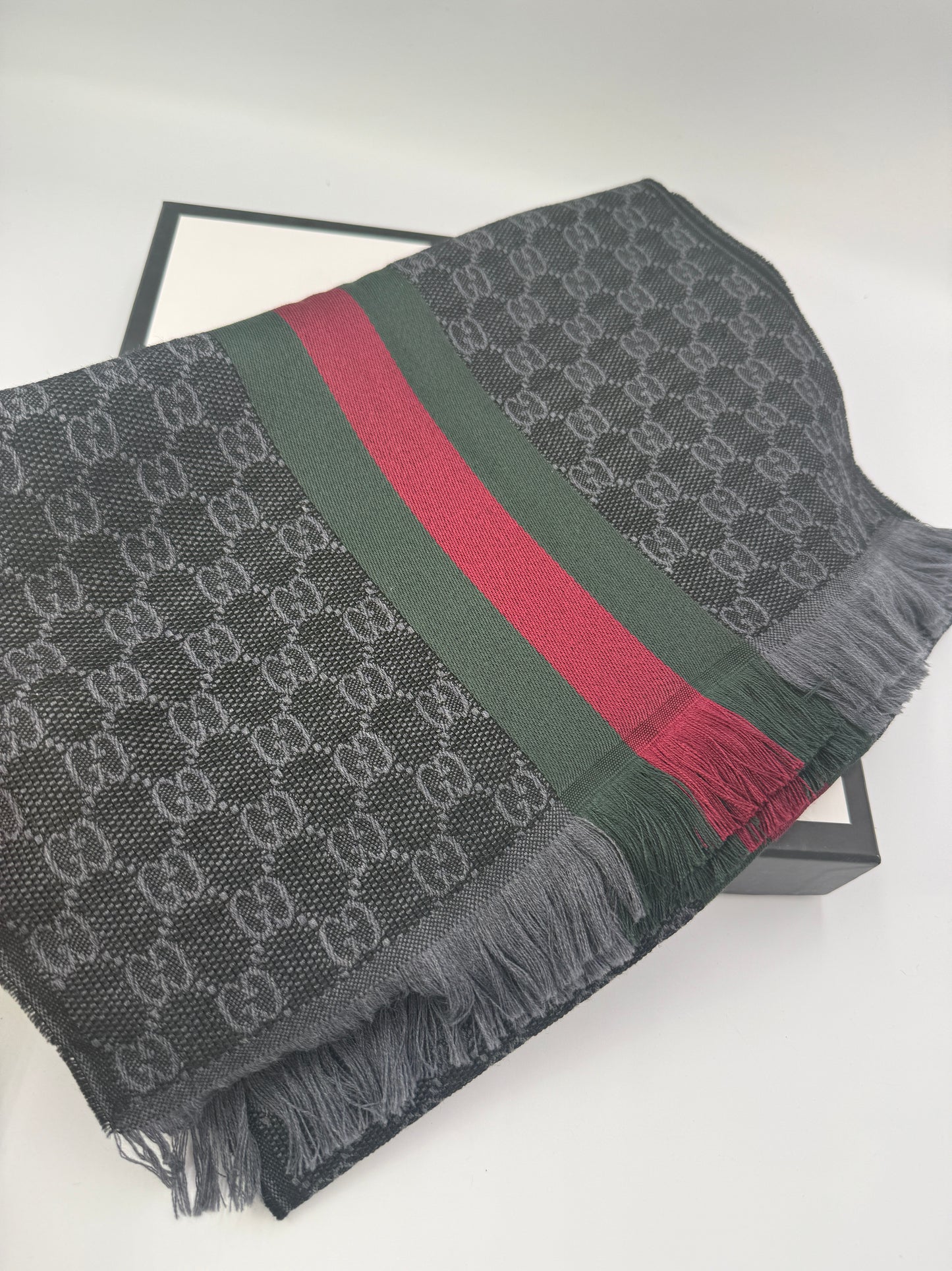 Gucci Black Grey Guccissima Green Red Sherry Web Wool Silk Stole Scarf
