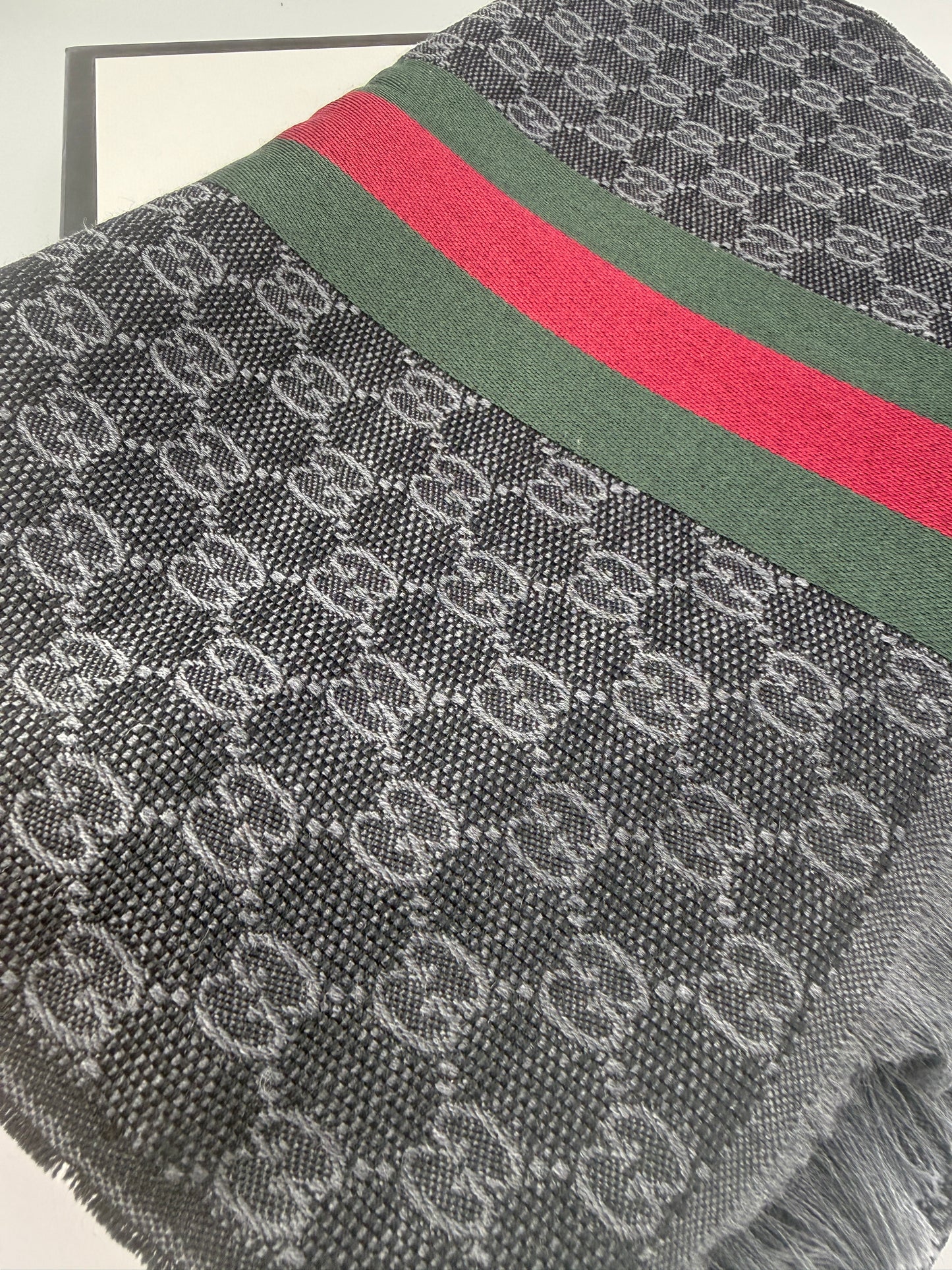 Gucci Black Grey Guccissima Green Red Sherry Web Wool Silk Stole Scarf