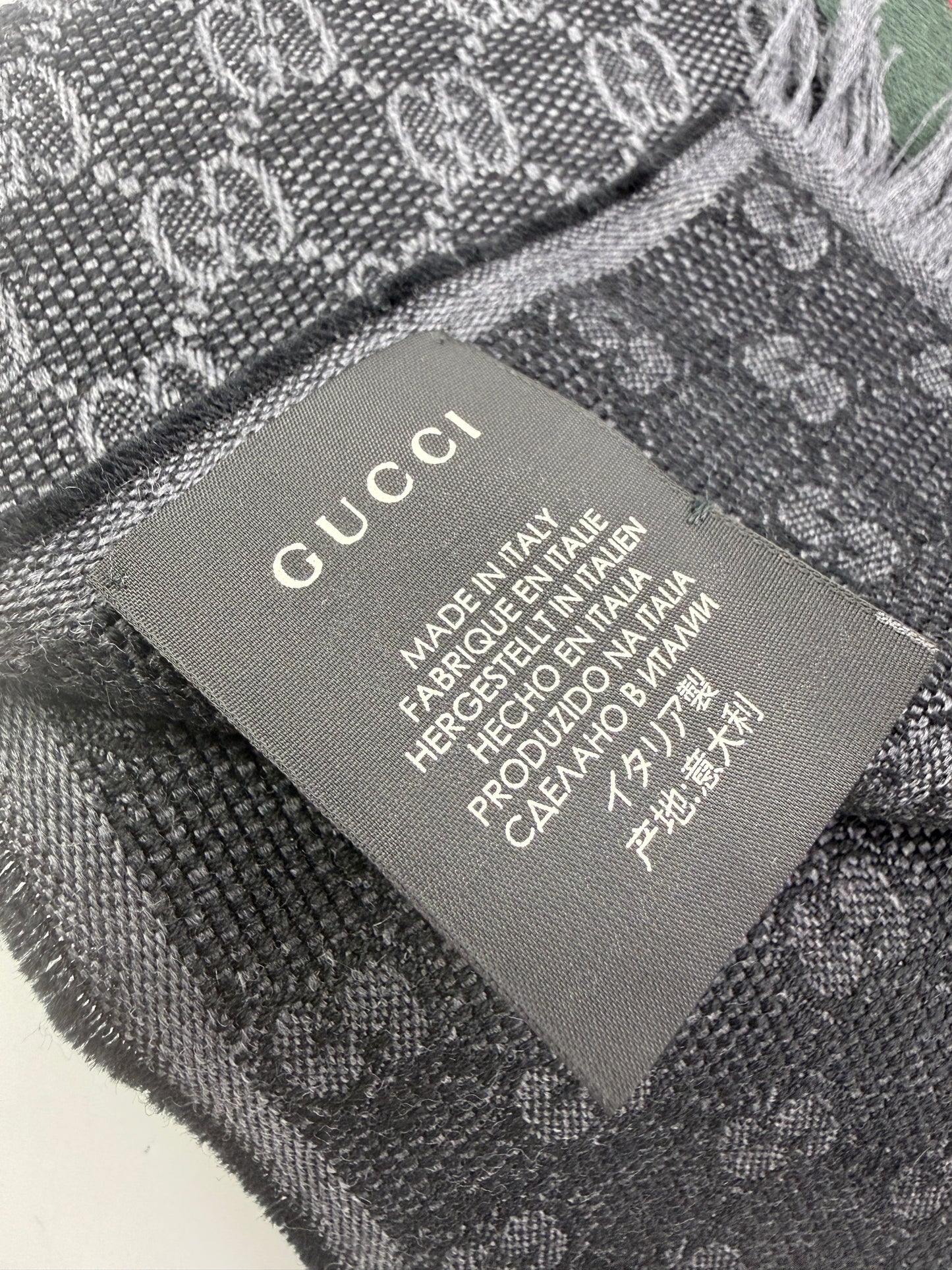 Gucci Black Grey Guccissima Green Red Sherry Web Wool Silk Stole Scarf