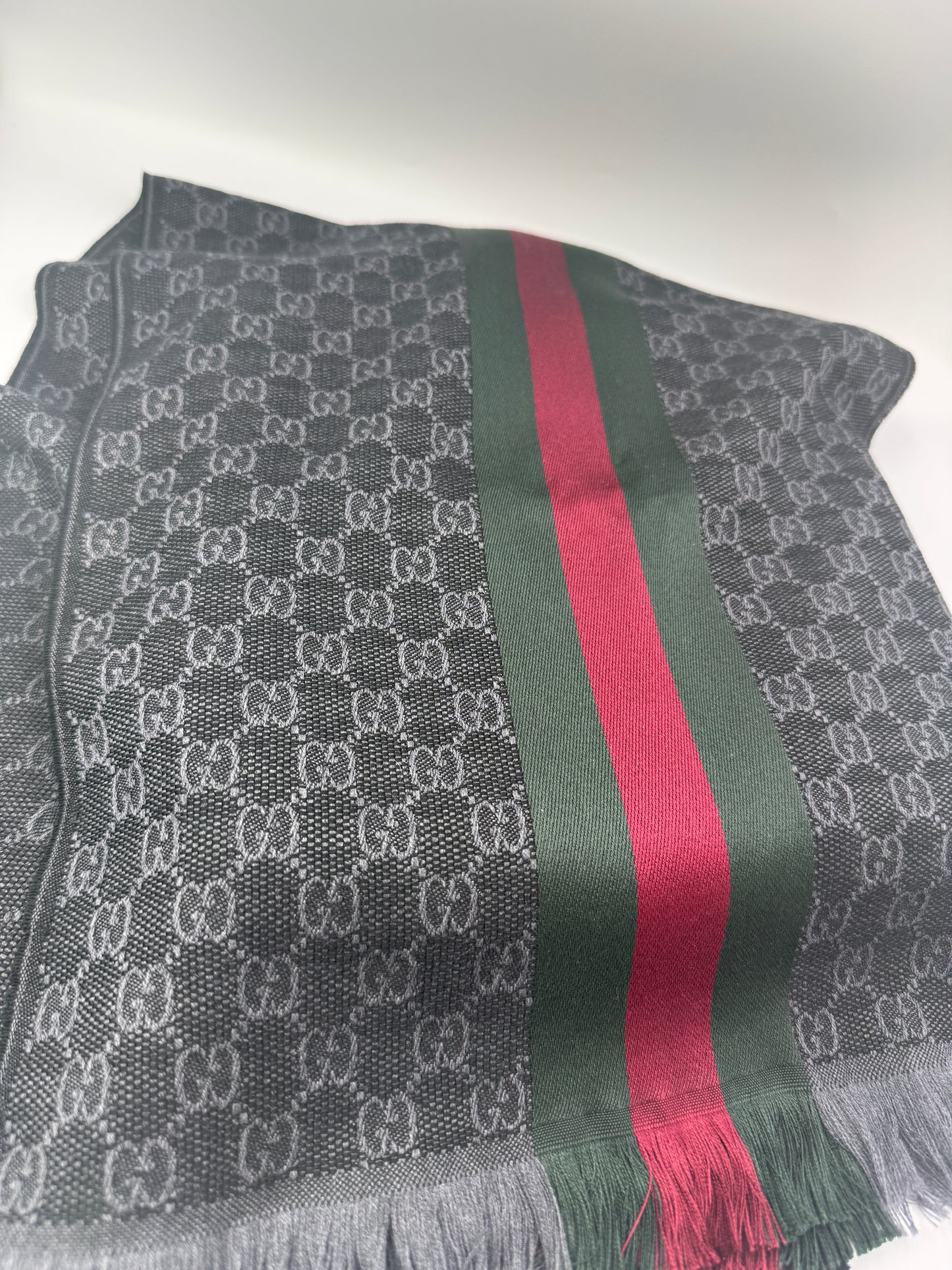 Gucci Black Grey Guccissima Green Red Sherry Web Wool Silk Stole Scarf