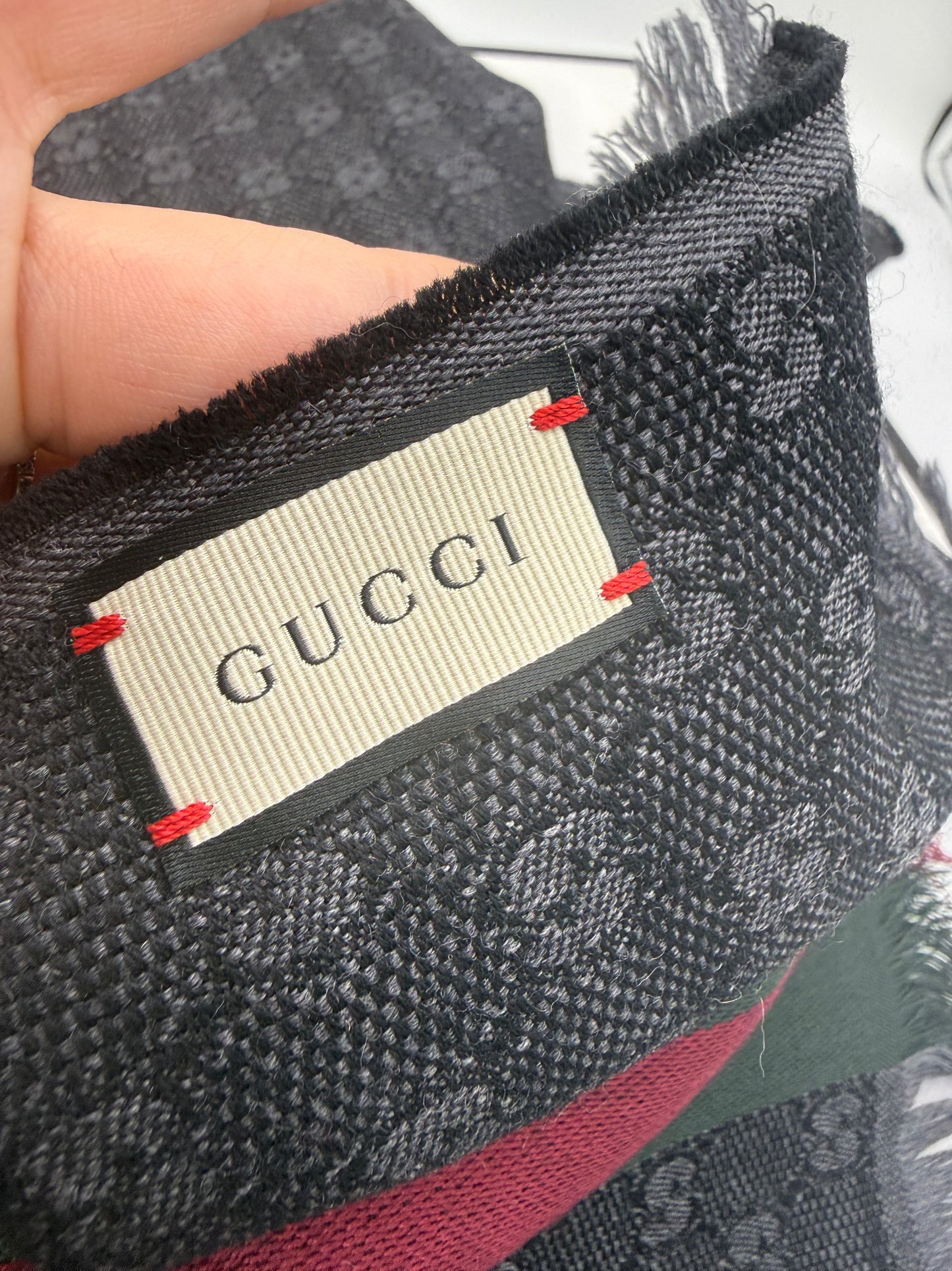 Gucci Black Grey Guccissima Green Red Sherry Web Wool Silk Stole Scarf