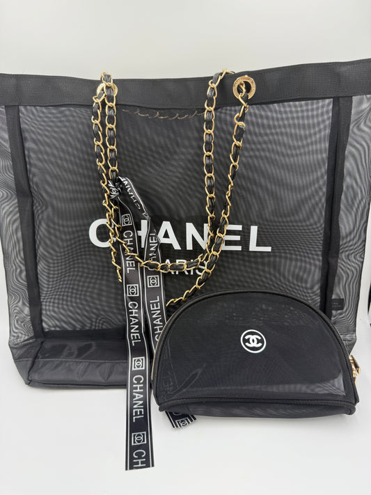 Chanel Black Mesh VIP Shoulder Bag with Cosmetic Pouch & Ribbon