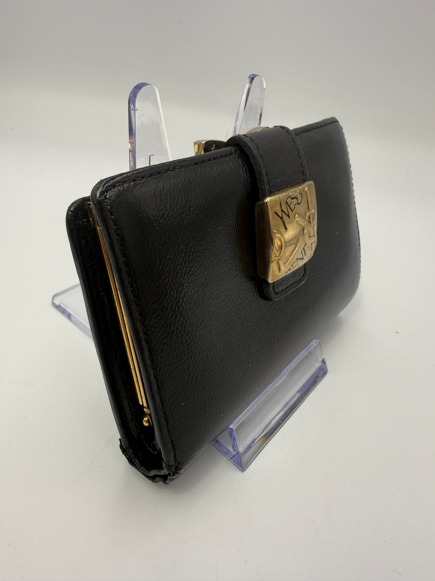 Yves Saint Laurent Black Leather Compact Kisslock Wallet
