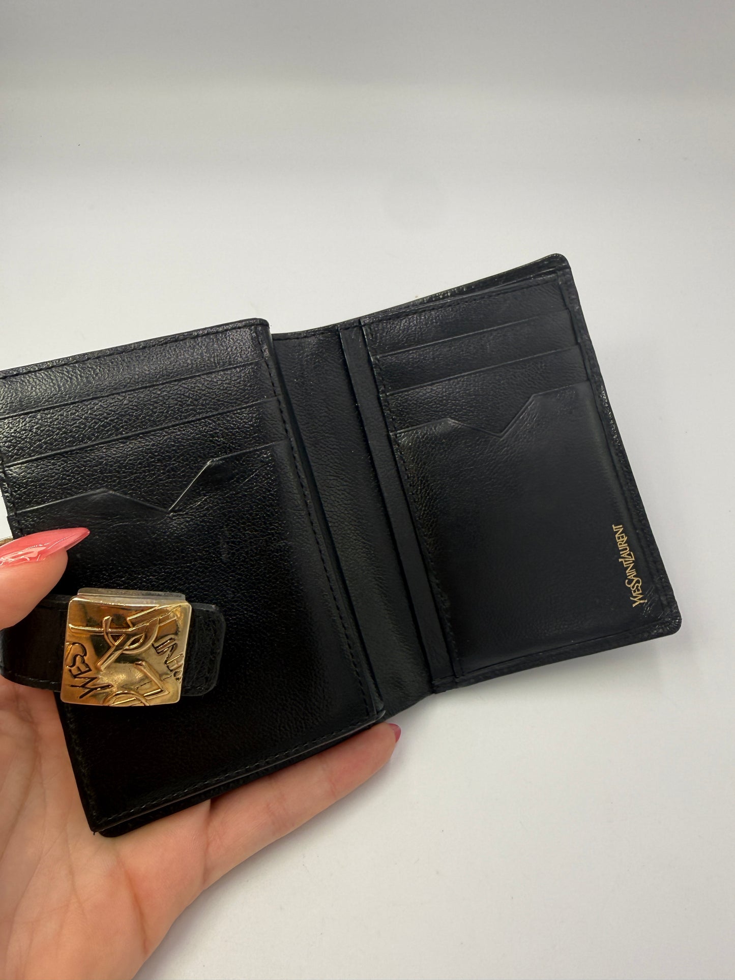 Yves Saint Laurent Black Leather Compact Kisslock Wallet