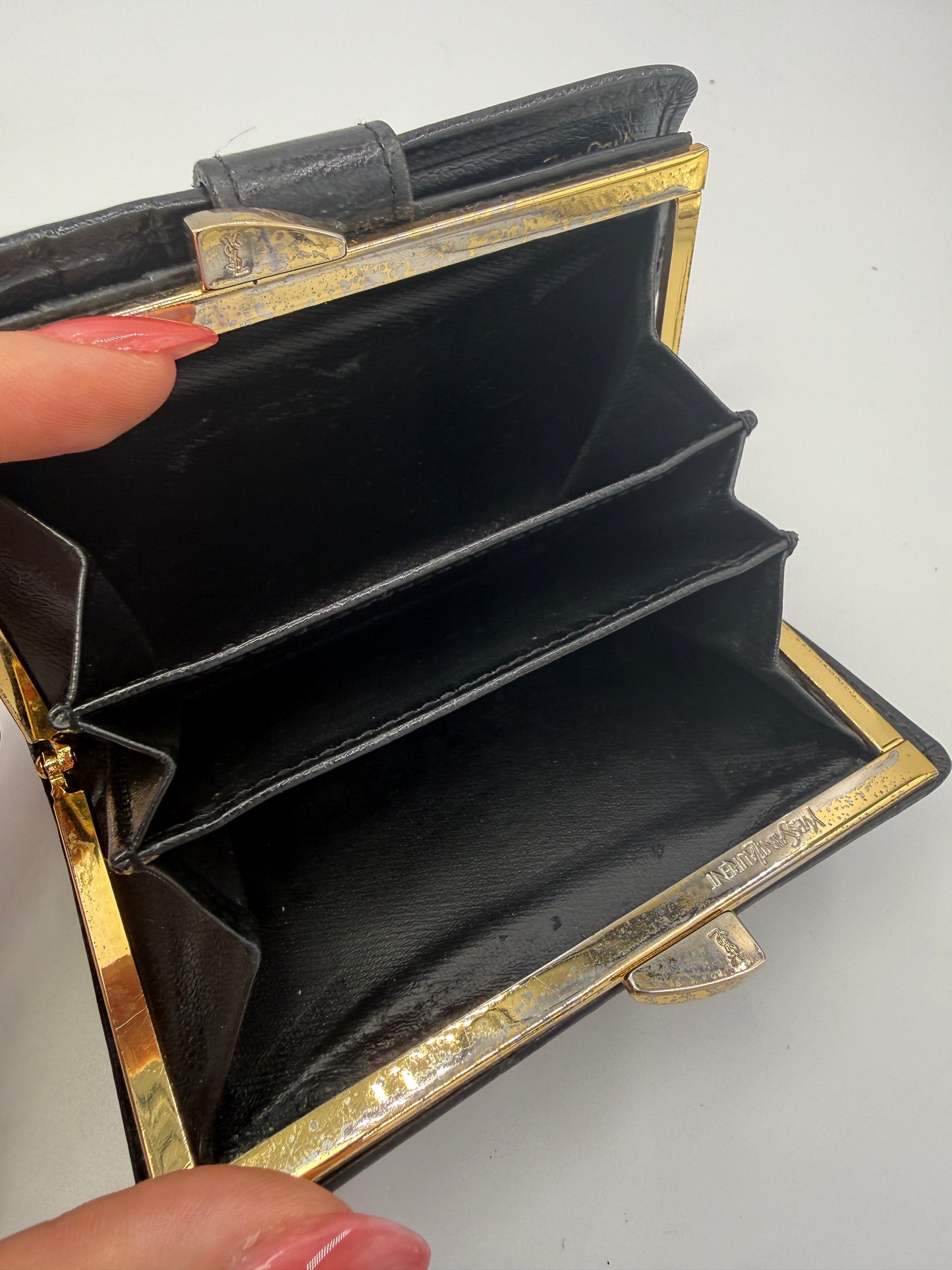 Yves Saint Laurent Black Leather Compact Kisslock Wallet