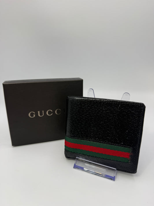 Gucci Black Leather Bifold Wallet with Green and Red Web Stripe