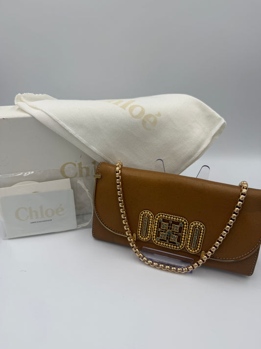 Chloe Camel Tone Leather Rhinestone Long Flap Wallet