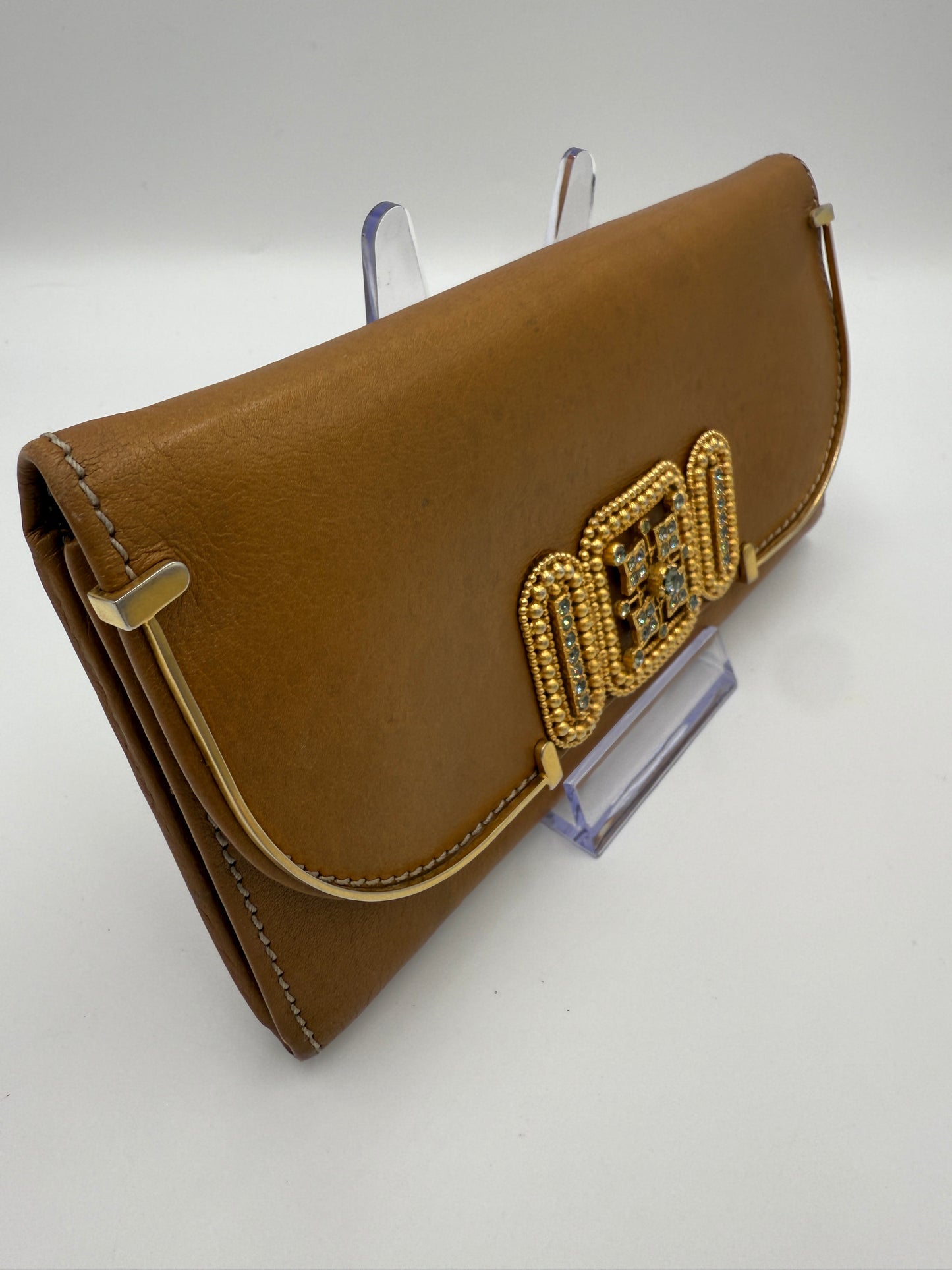 Chloe Camel Tone Leather Rhinestone Long Flap Wallet