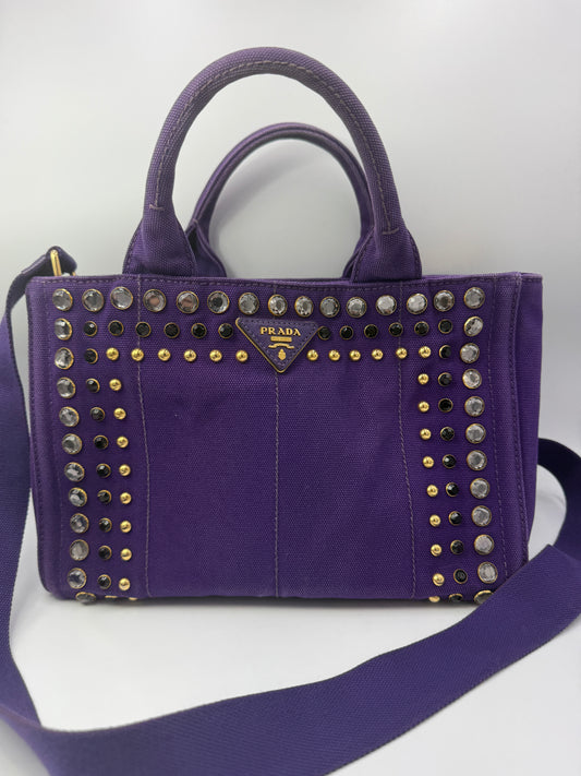 Prada Purple Canvas Jeweled Canapa Medium Tote