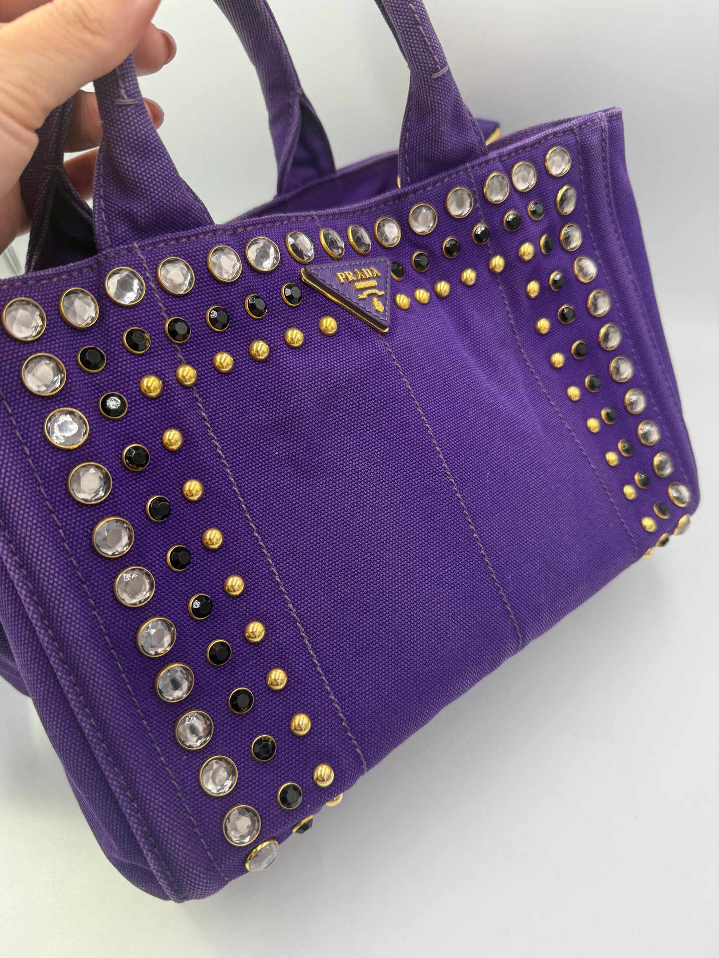 Prada Purple Canvas Jeweled Canapa Medium Tote