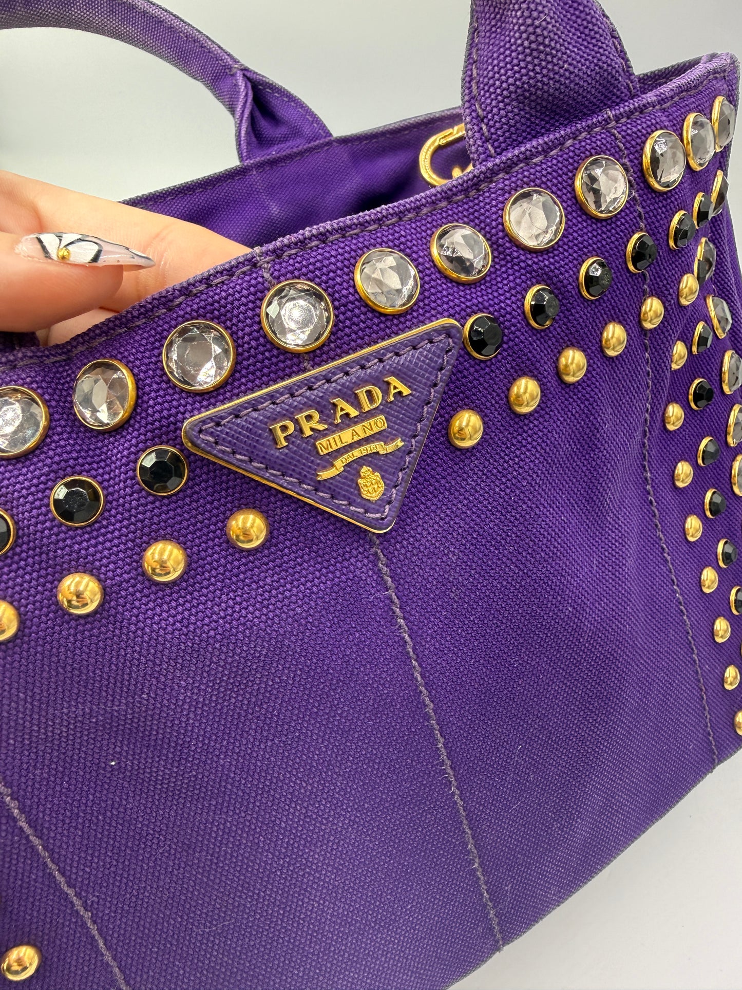 Prada Purple Canvas Jeweled Canapa Medium Tote