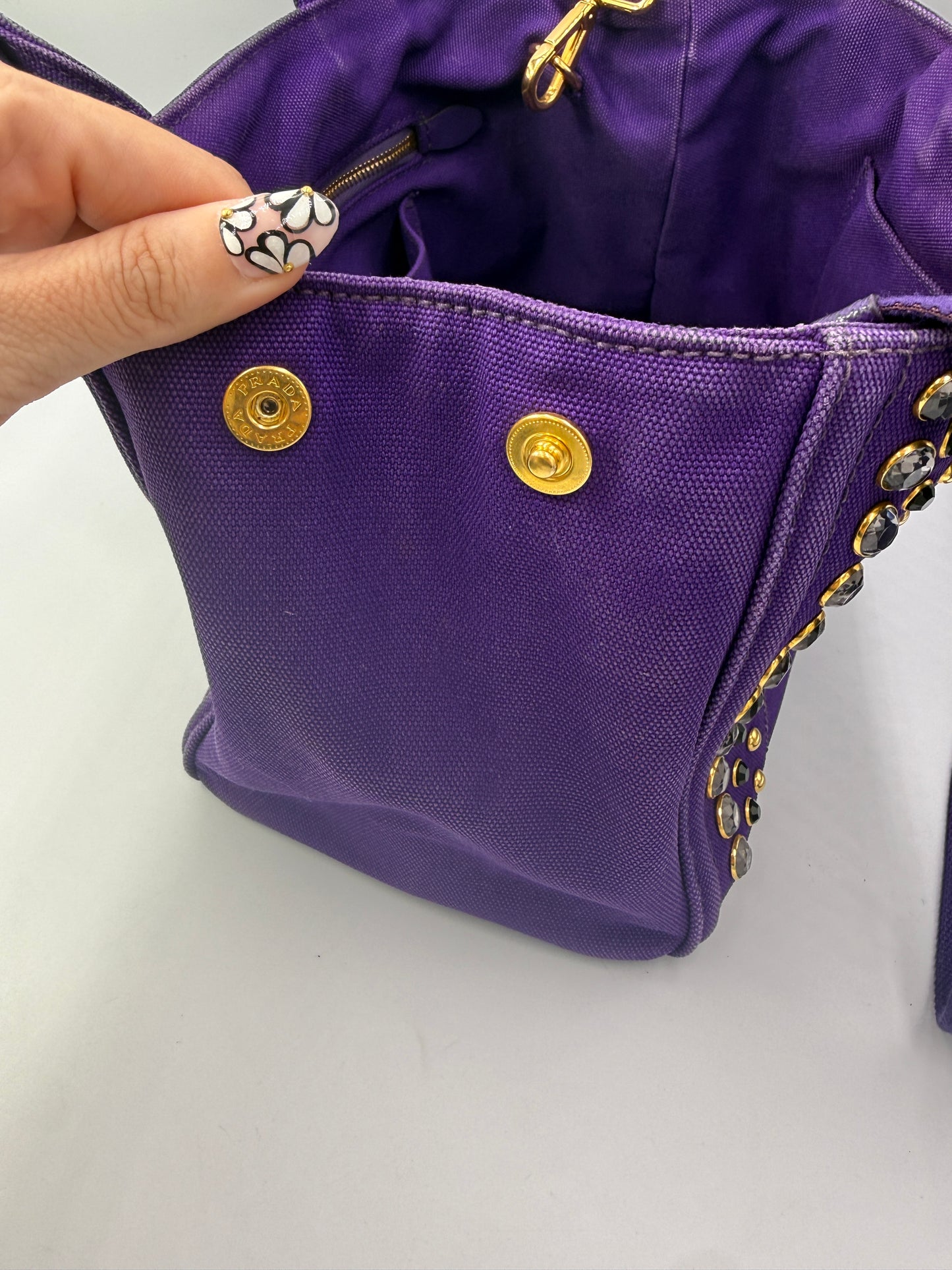 Prada Purple Canvas Jeweled Canapa Medium Tote