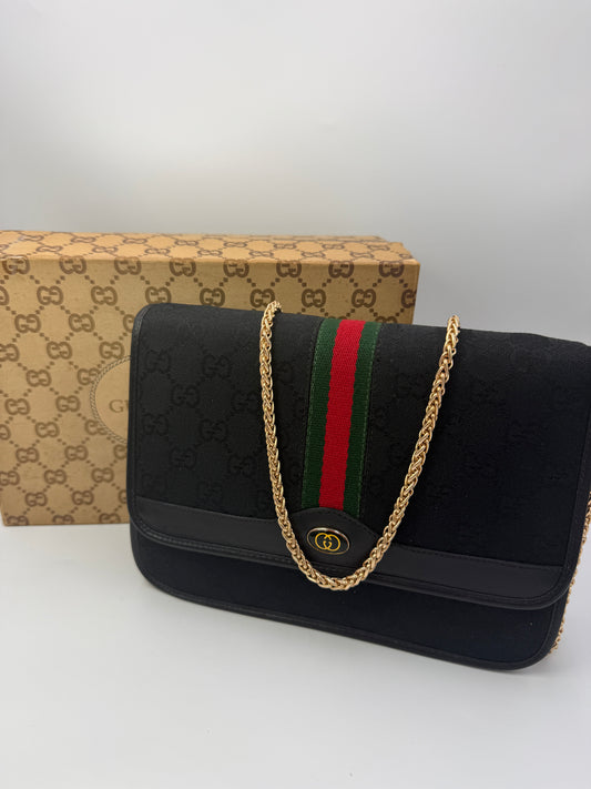 Gucci Black Guccissima Canvas Sherry Web Clutch Crossbody Bag