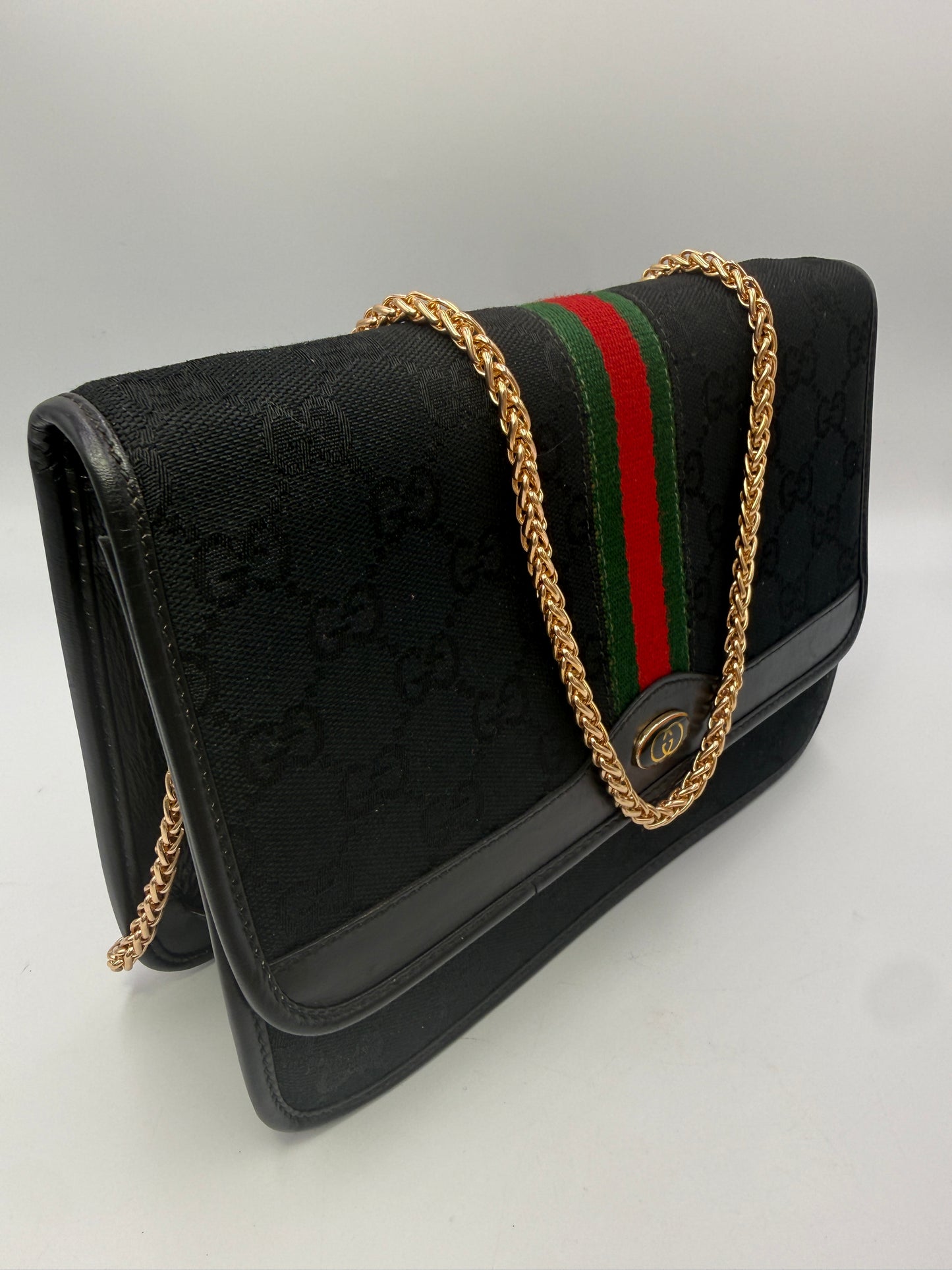 Gucci Black Guccissima Canvas Sherry Web Clutch Crossbody Bag