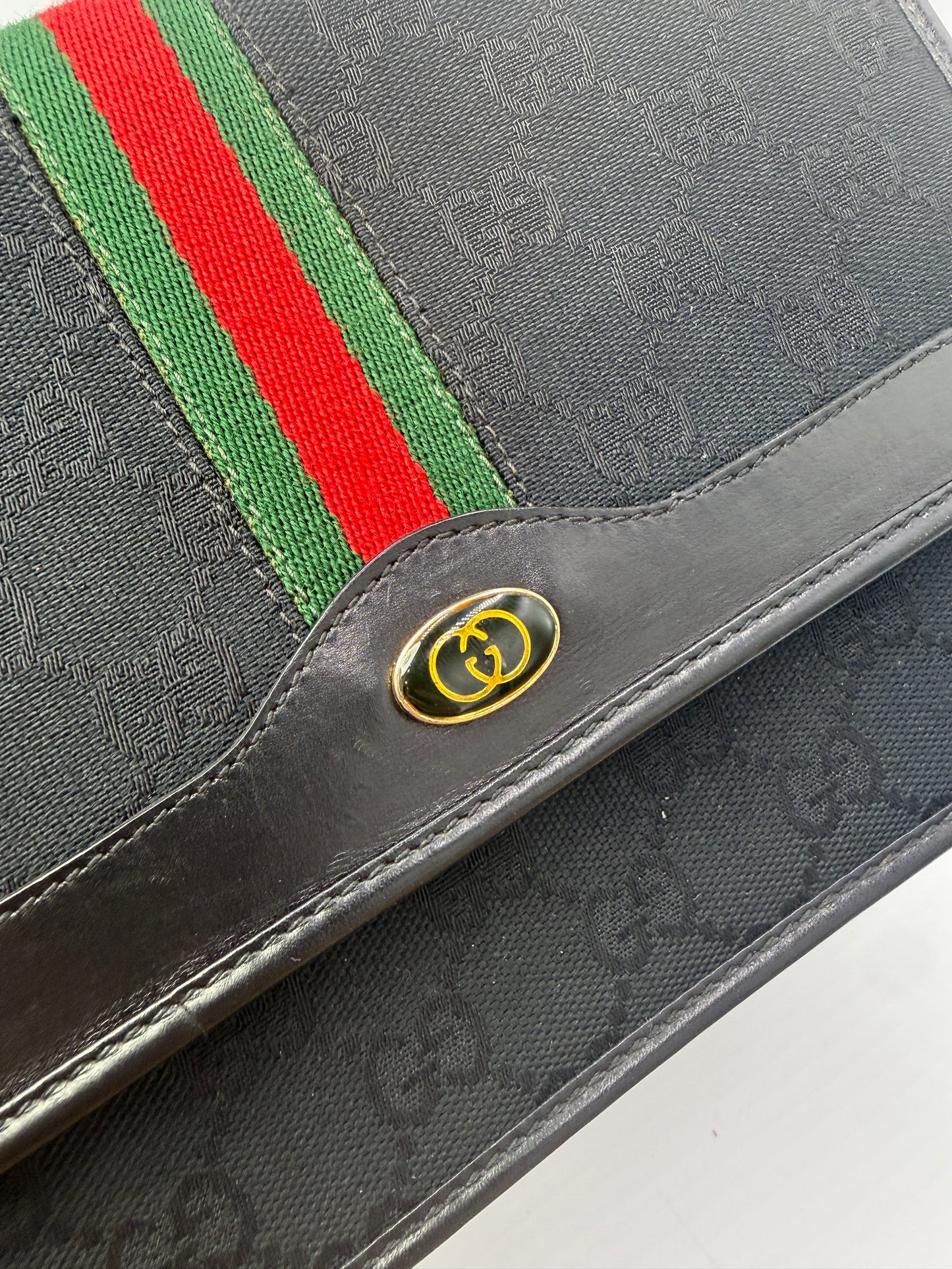 Gucci Black Guccissima Canvas Sherry Web Clutch Crossbody Bag