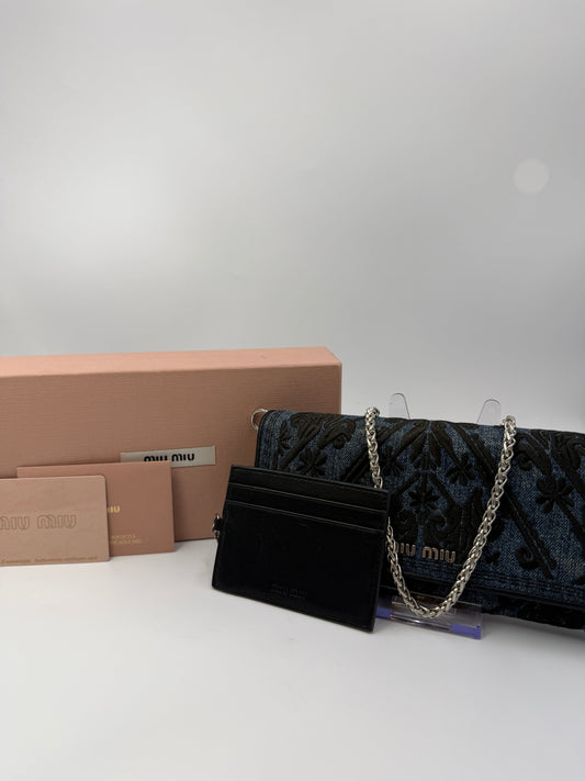 Miu Miu Blue Denim Embroidered Long Wallet with Card Holder