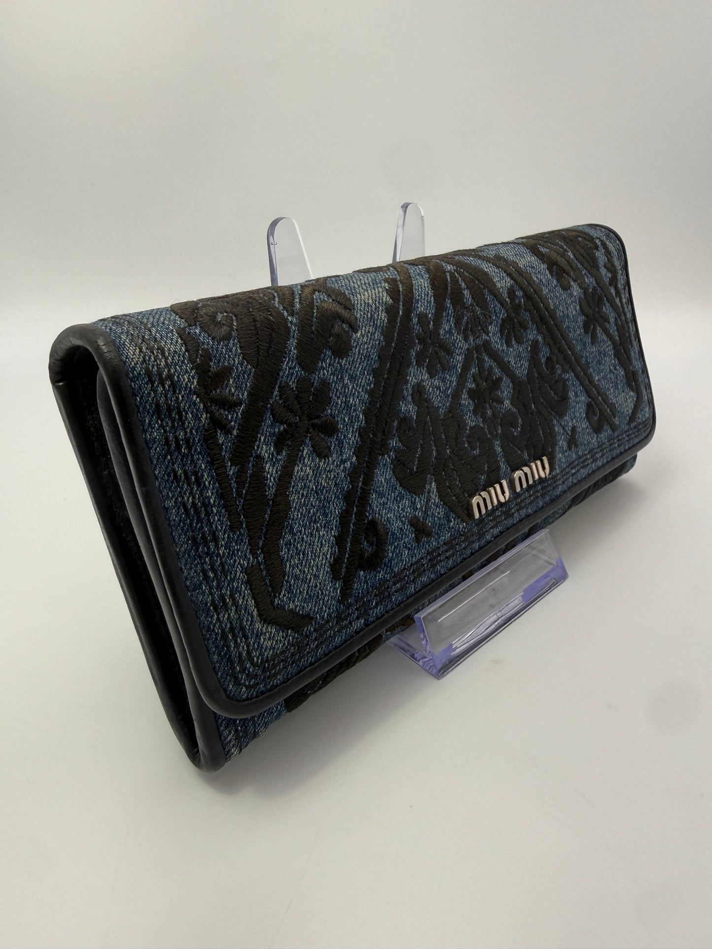 Miu Miu Blue Denim Embroidered Long Wallet with Card Holder