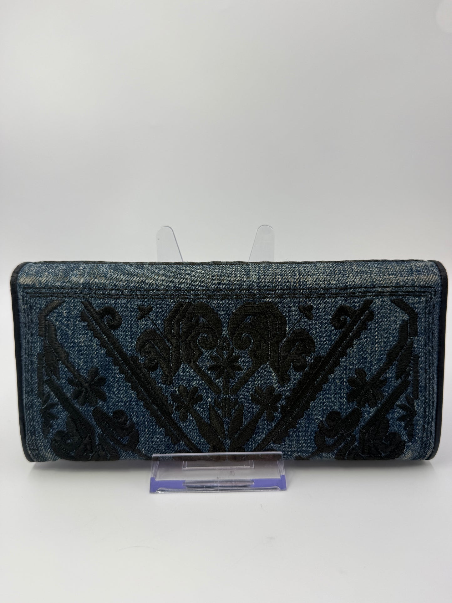 Miu Miu Blue Denim Embroidered Long Wallet with Card Holder