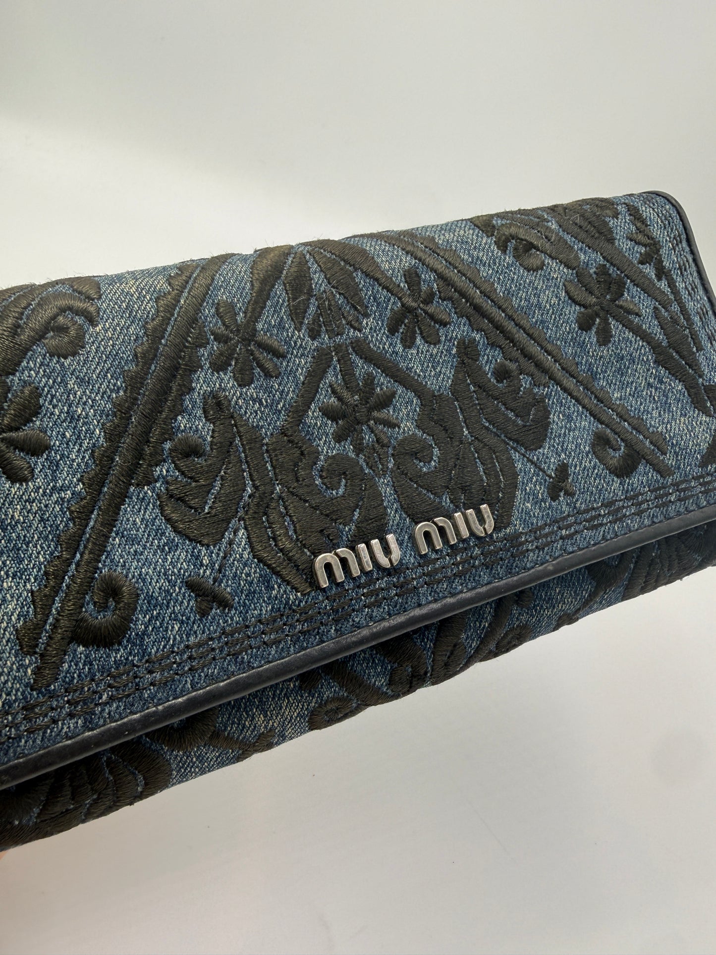 Miu Miu Blue Denim Embroidered Long Wallet with Card Holder