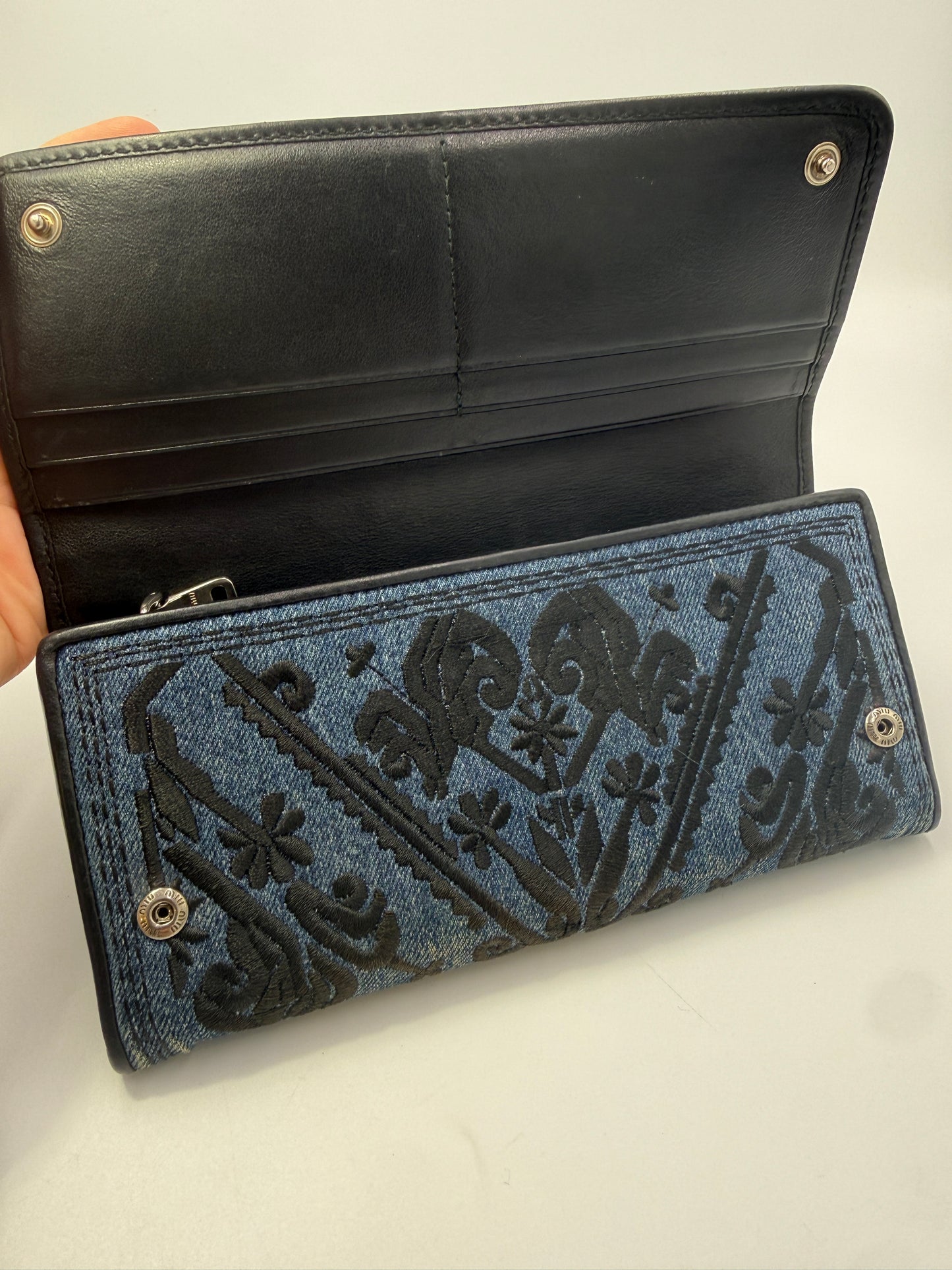 Miu Miu Blue Denim Embroidered Long Wallet with Card Holder