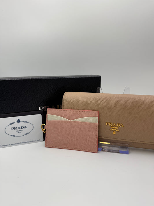Prada Beige Saffiano Leather Long Wallet with Card Case and Box