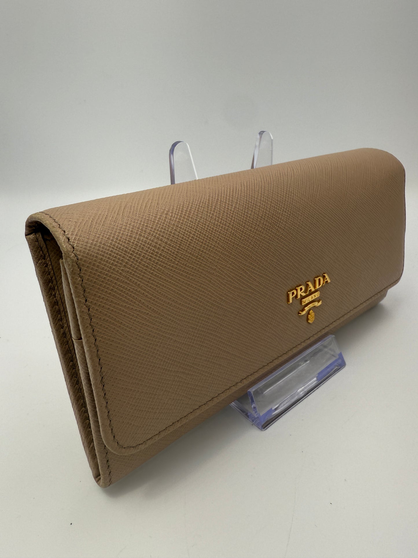 Prada Beige Saffiano Leather Long Wallet with Card Case and Box