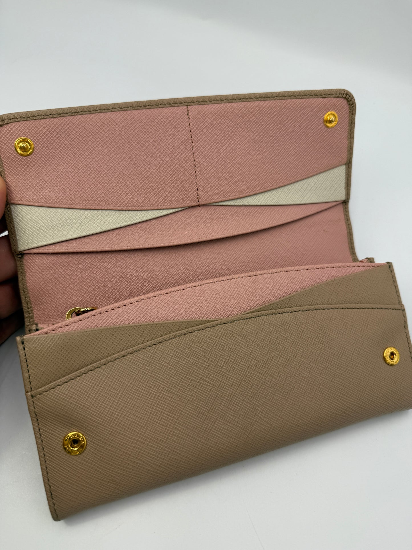 Prada Beige Saffiano Leather Long Wallet with Card Case and Box
