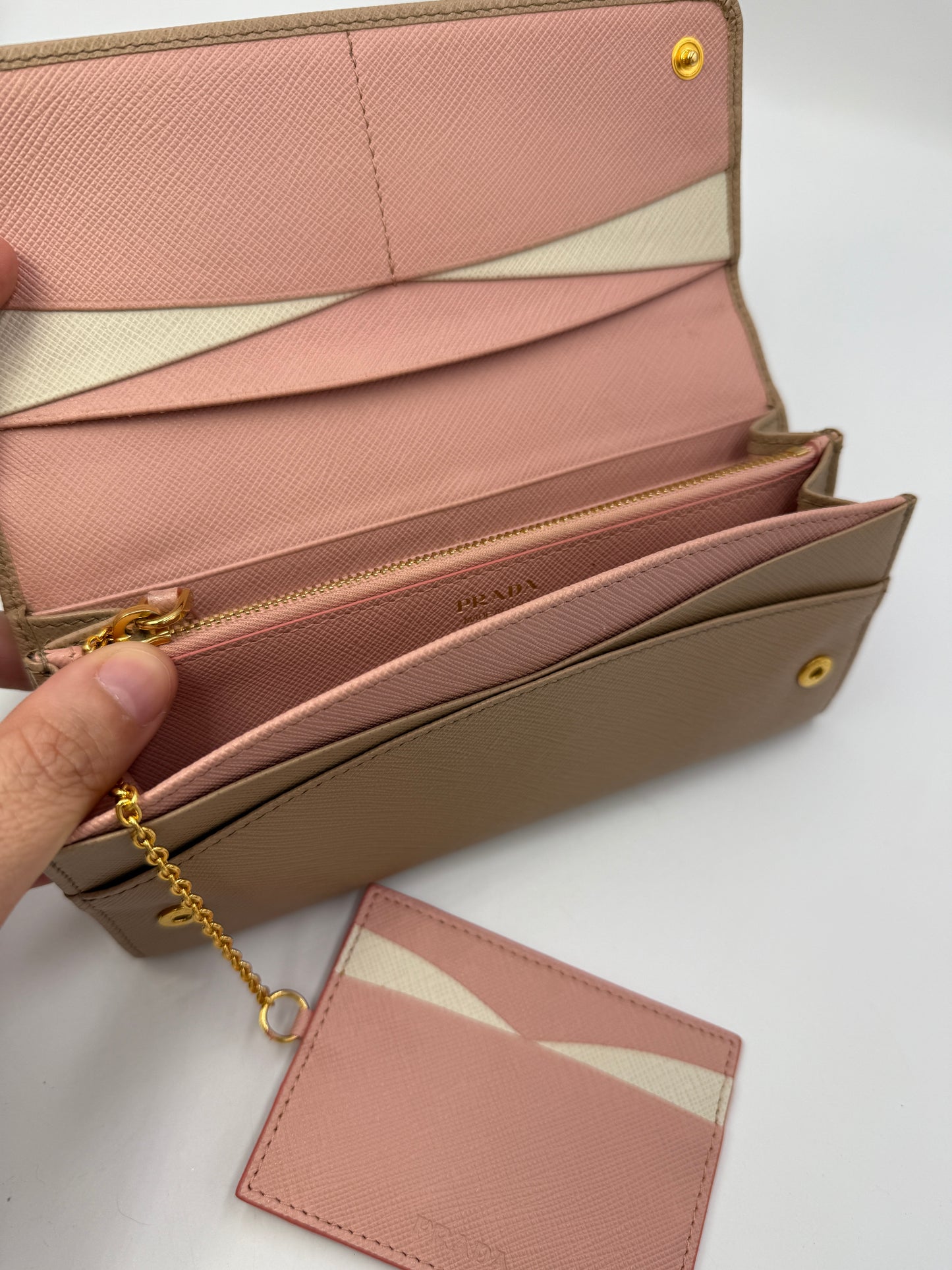 Prada Beige Saffiano Leather Long Wallet with Card Case and Box