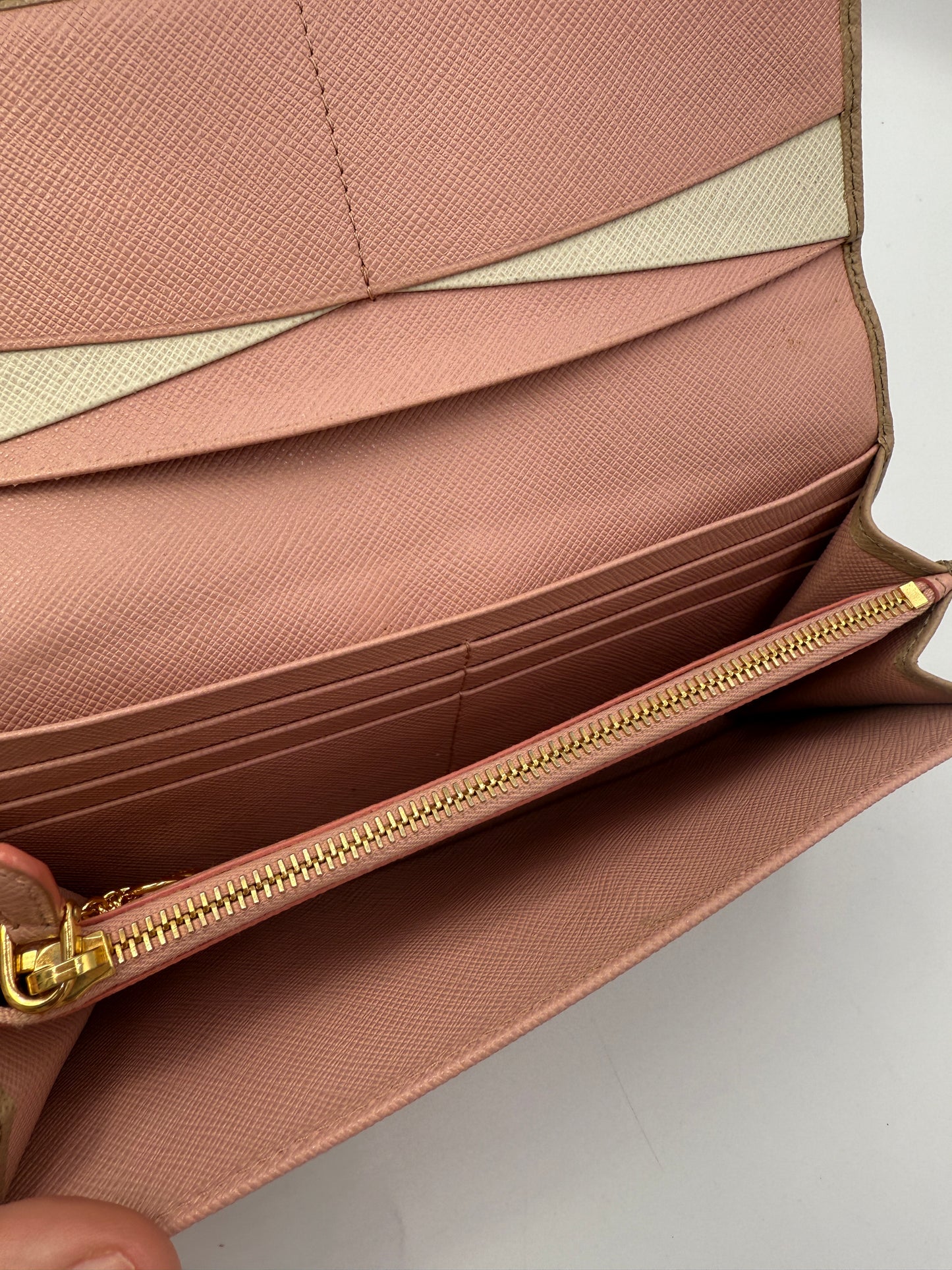 Prada Beige Saffiano Leather Long Wallet with Card Case and Box