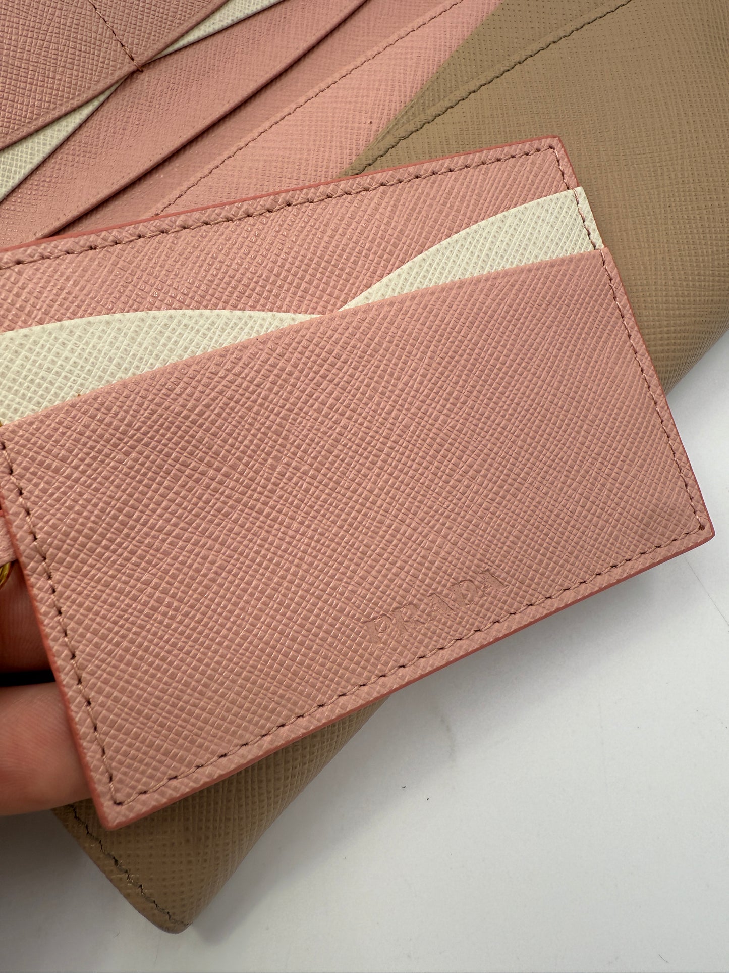 Prada Beige Saffiano Leather Long Wallet with Card Case and Box