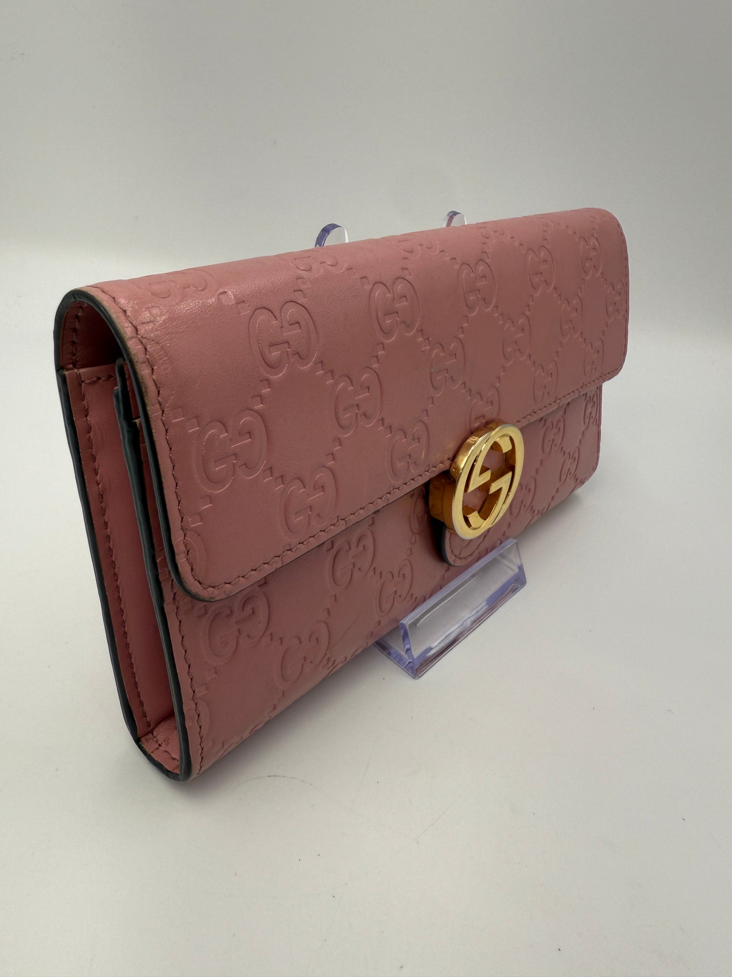 Gucci Pink Leather Guccissima Interlocking Long Wallet