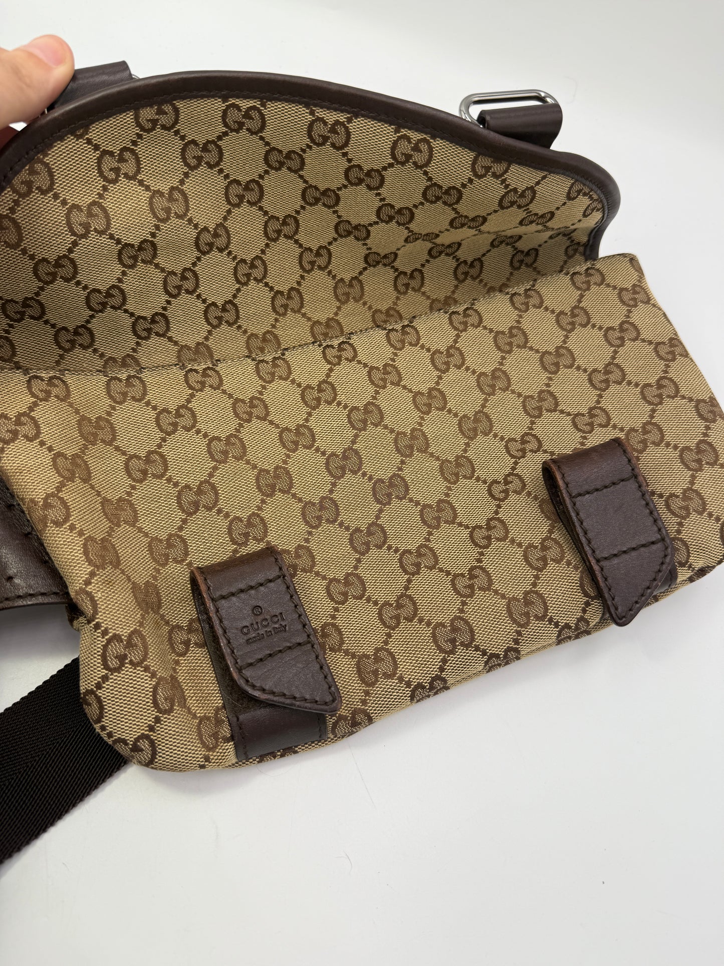 Gucci Uncoated Canvas Double Buckle Belt Sling Bag Unisex