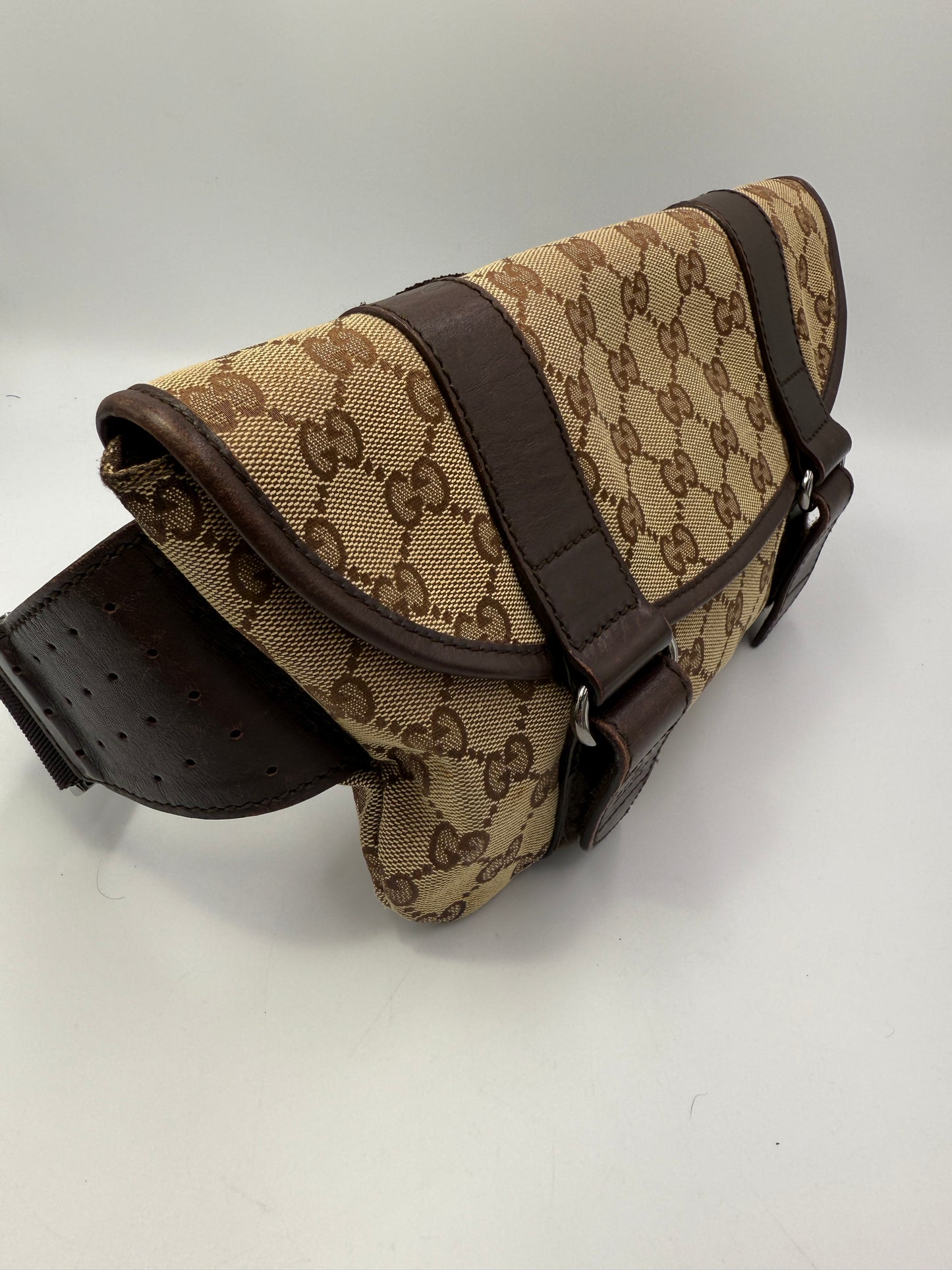 Gucci Uncoated Canvas Double Buckle Belt Sling Bag Unisex