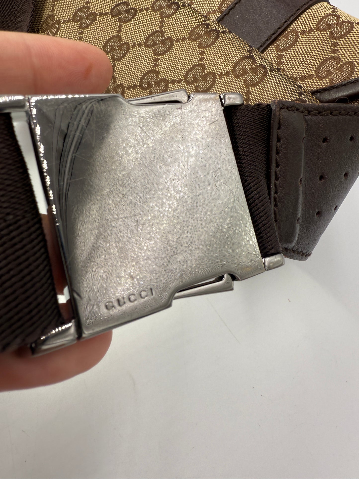 Gucci Uncoated Canvas Double Buckle Belt Sling Bag Unisex