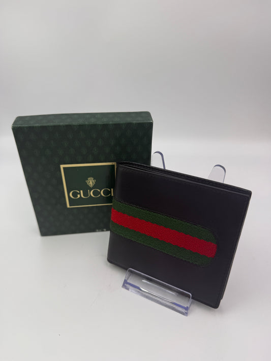 Gucci Vintage Black Leather Sherry Line Bifold Wallet with Box