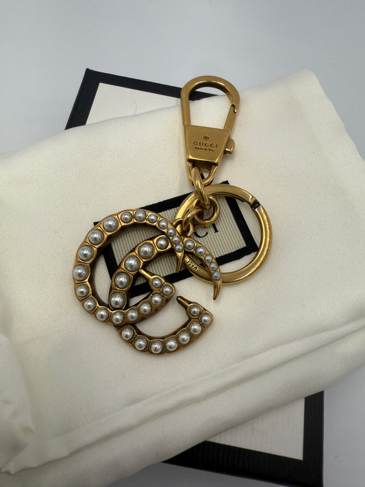 Gucci Gold Tone Pearl Key Chain Bag Charm Full Set