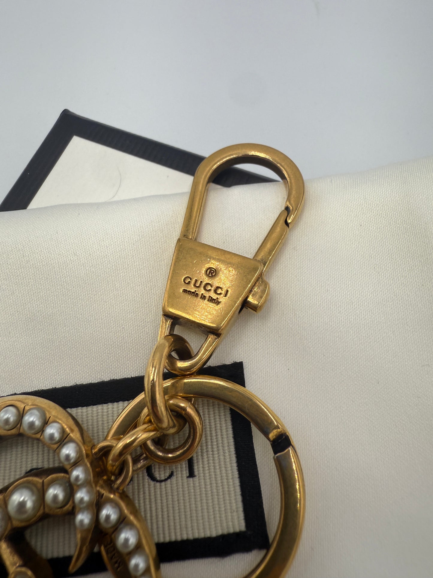 Gucci Gold Tone Pearl Key Chain Bag Charm Full Set
