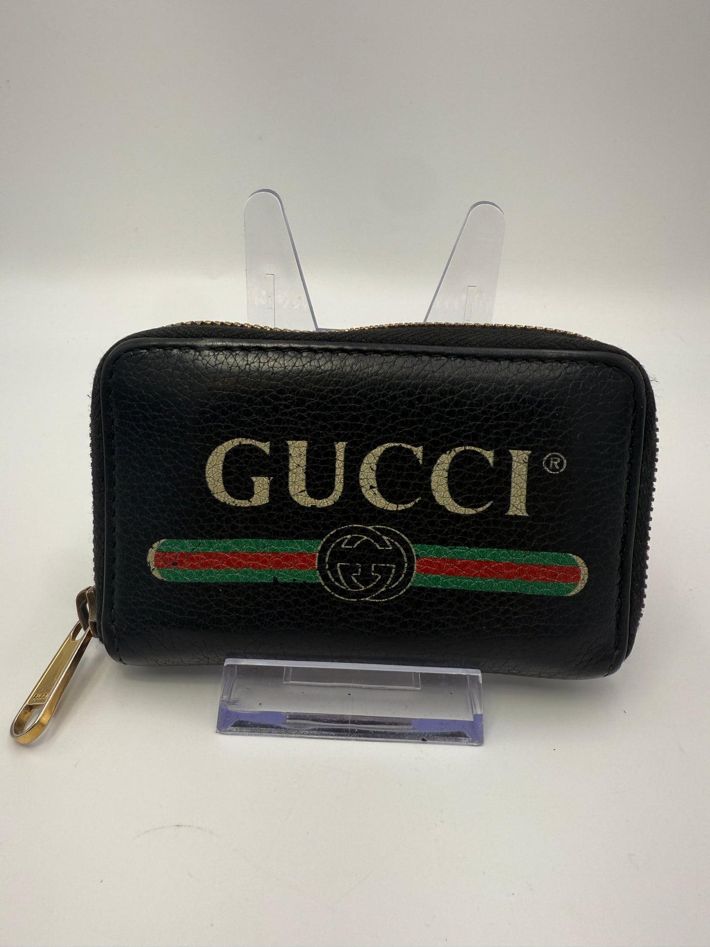 Gucci Black Leather Vintage Logo Sherry Compact Zippy Wallet